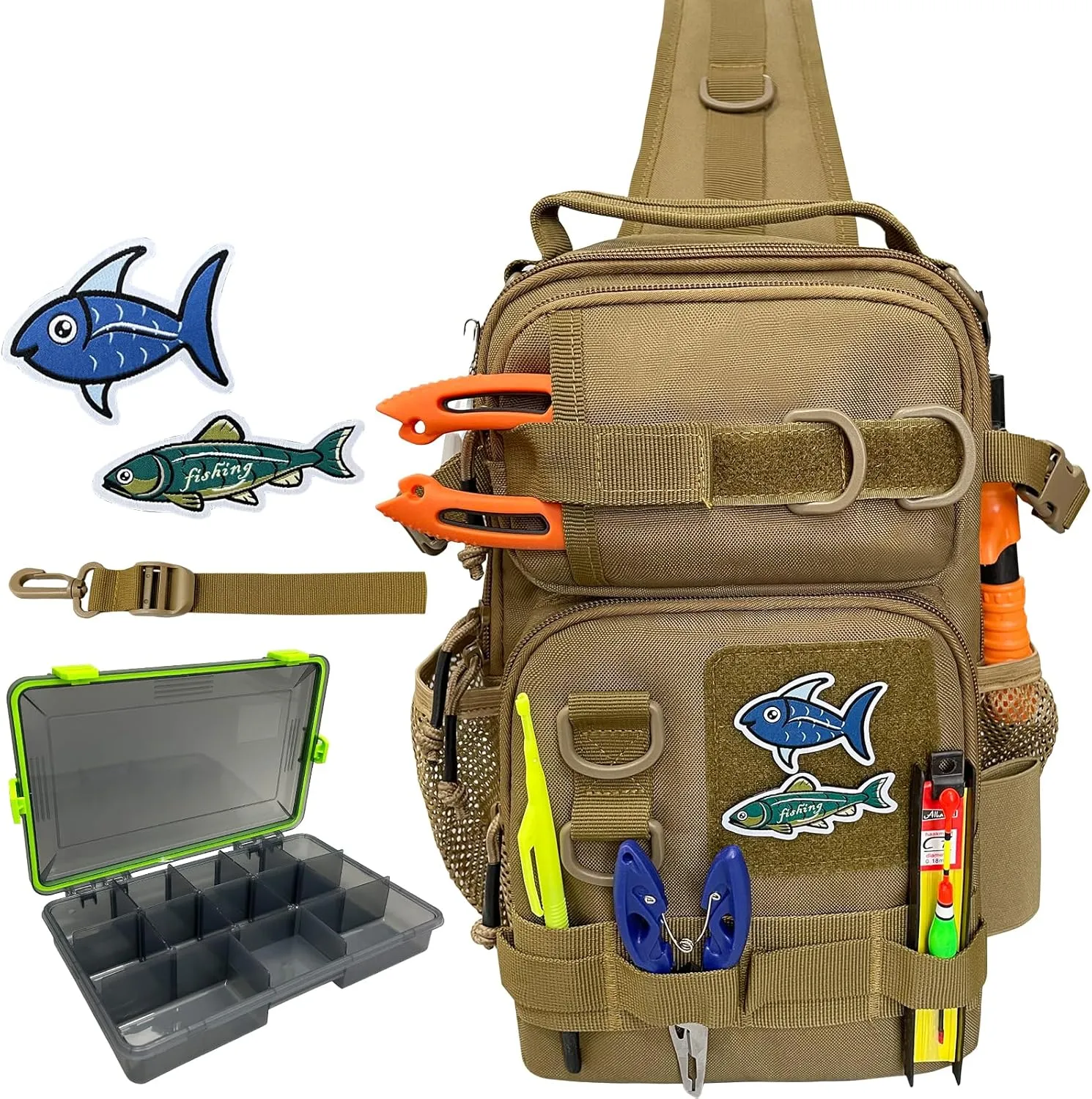 Fishing Backpack Tackle Storage Bag with Tackle Boxes DIY Logos Lightweight Fish Shoulder Bag with Rod Holder Multiple pockets Fishing Sling Tackle Bag(Khaki)