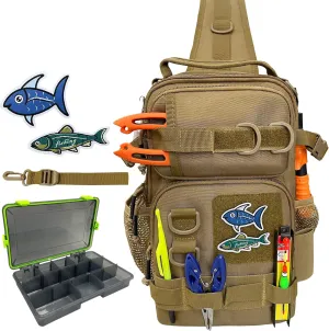 Fishing Backpack Tackle Storage Bag with Tackle Boxes DIY Logos Lightweight Fish Shoulder Bag with Rod Holder Multiple pockets Fishing Sling Tackle Bag(Khaki)