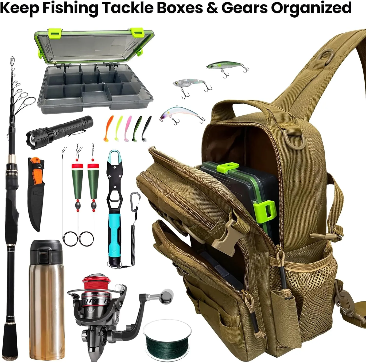 Fishing Backpack Tackle Storage Bag with Tackle Boxes DIY Logos Lightweight Fish Shoulder Bag with Rod Holder Multiple pockets Fishing Sling Tackle Bag(Khaki)