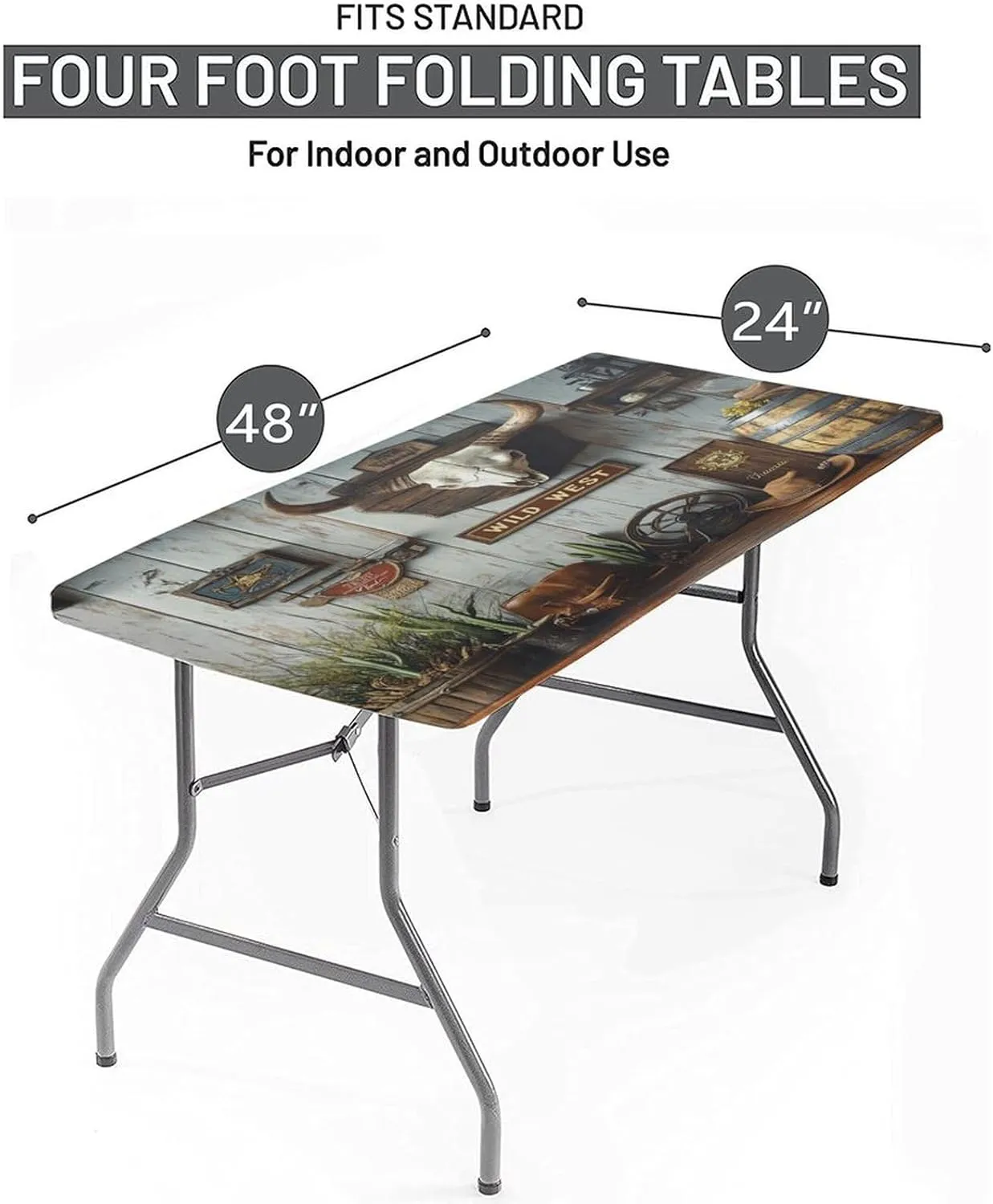 Fitted Table Cloths, Western Gear Pattern Printed on Stretchable Coffee Table Cover, for Outdoor Picnic Camping and Indoor Kitchen Dining Party, 4FT 24"x48"