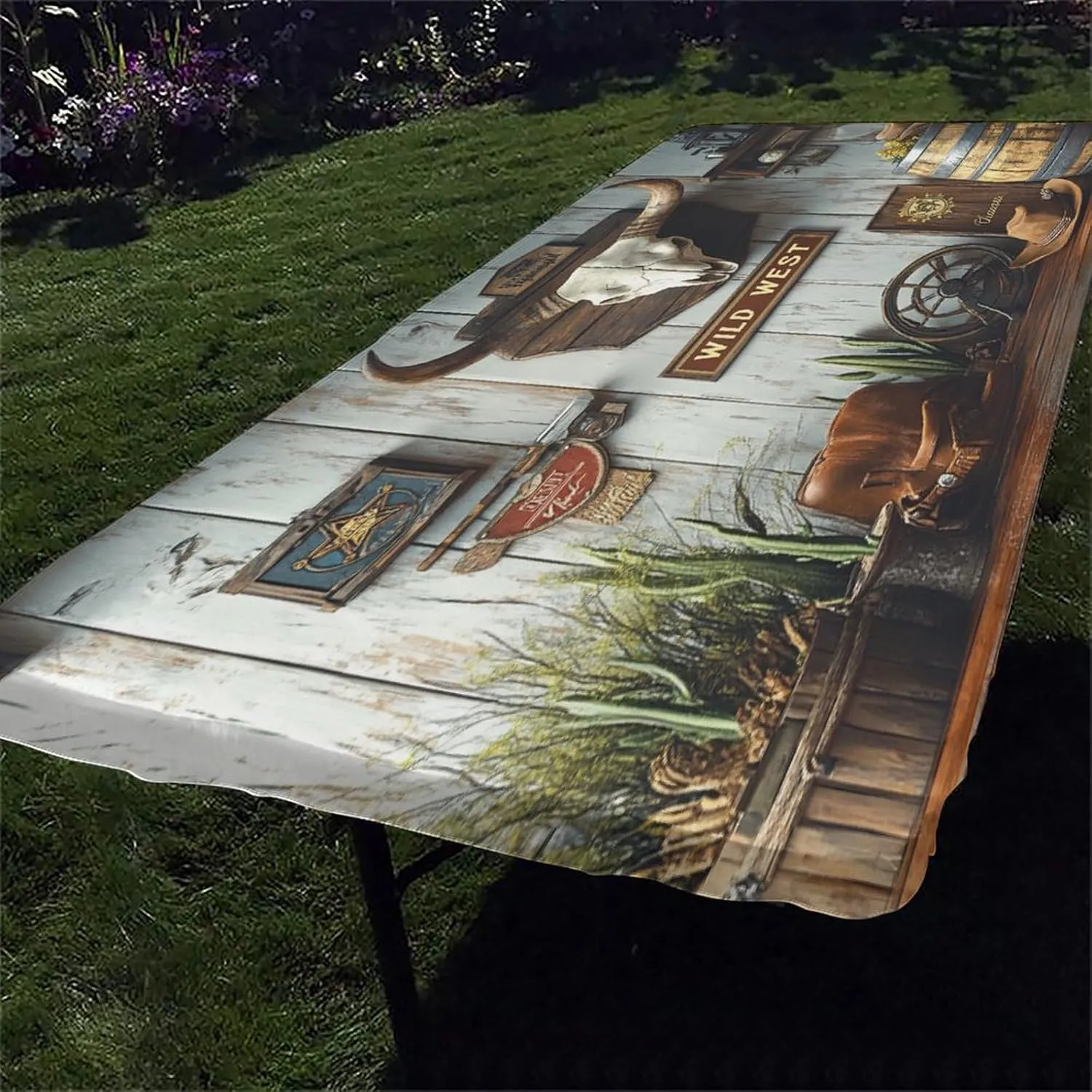 Fitted Table Cloths, Western Gear Pattern Printed on Stretchable Coffee Table Cover, for Outdoor Picnic Camping and Indoor Kitchen Dining Party, 4FT 24"x48"
