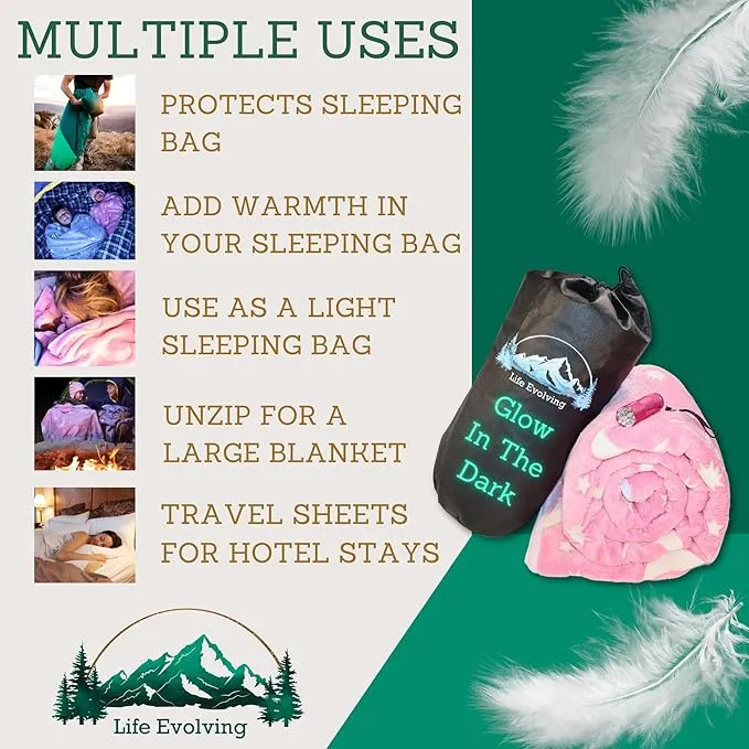 Fleece Sleeping Bag Liner Cold Weather-Glow In The Dark with UV Flashlight-Camping sleeping bag Liner for Cold Weather Sleeping Bag-Travel Sleeping Bag -Compact Sleeping Bag Or Ultralight Sleeping Bag