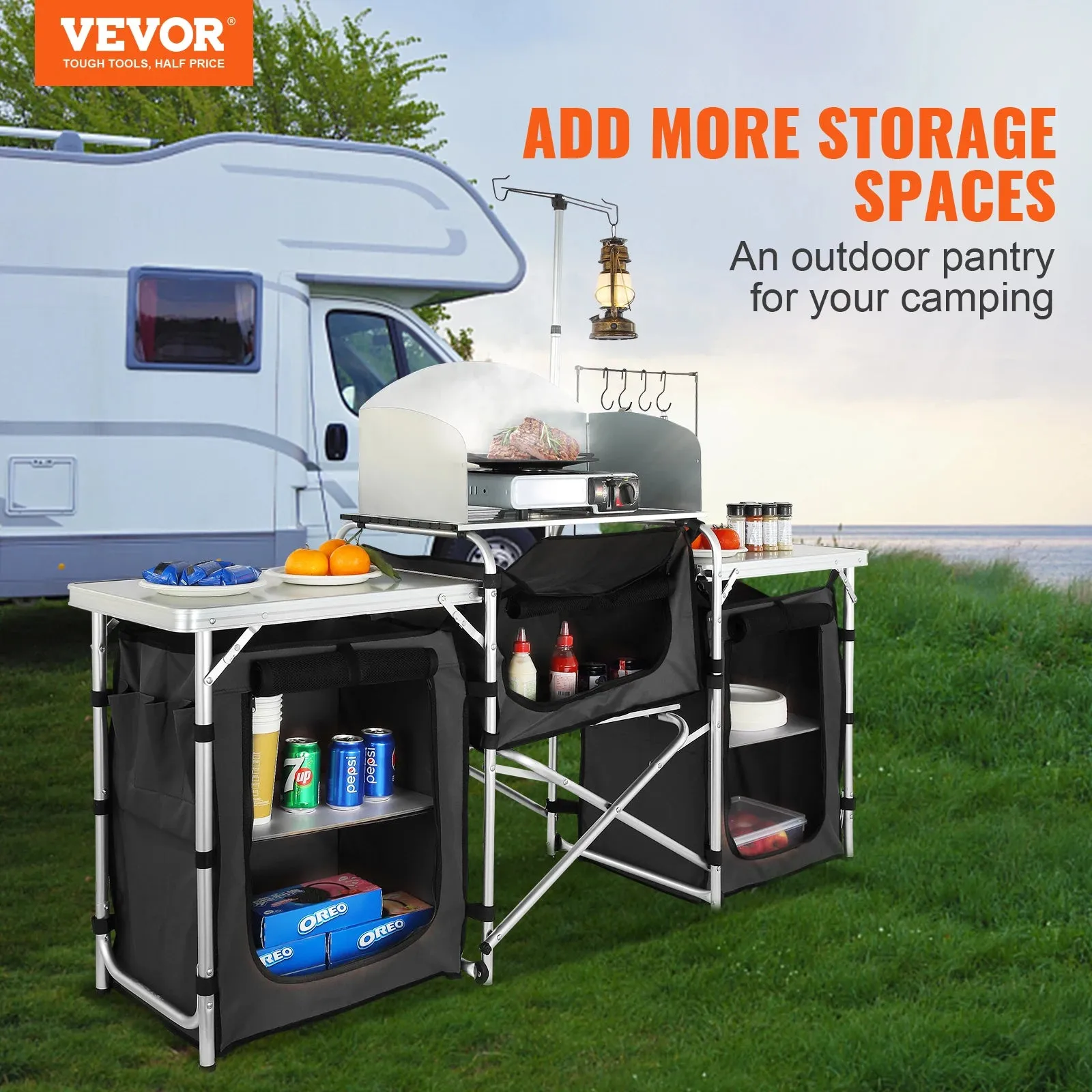 Foldable Camping Outdoor Kitchen Table – Portable Cooking Station with Storage Cabinet & Windscreen