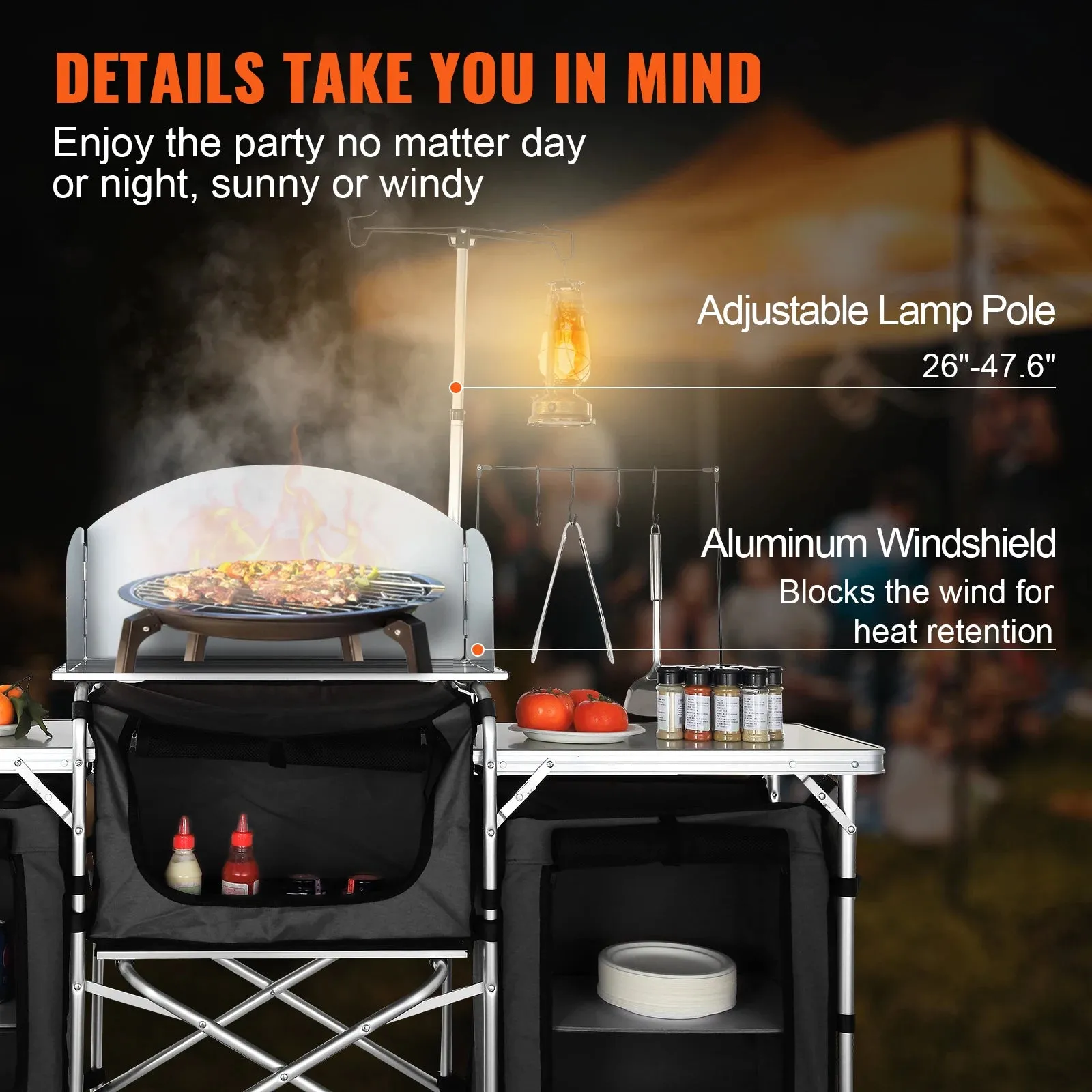 Foldable Camping Outdoor Kitchen Table – Portable Cooking Station with Storage Cabinet & Windscreen