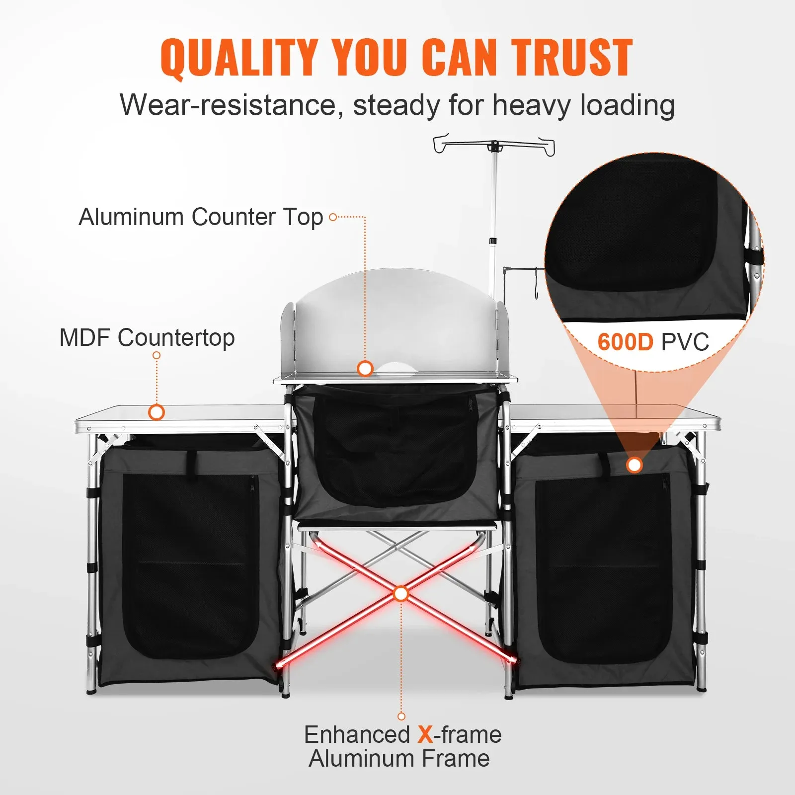 Foldable Camping Outdoor Kitchen Table – Portable Cooking Station with Storage Cabinet & Windscreen