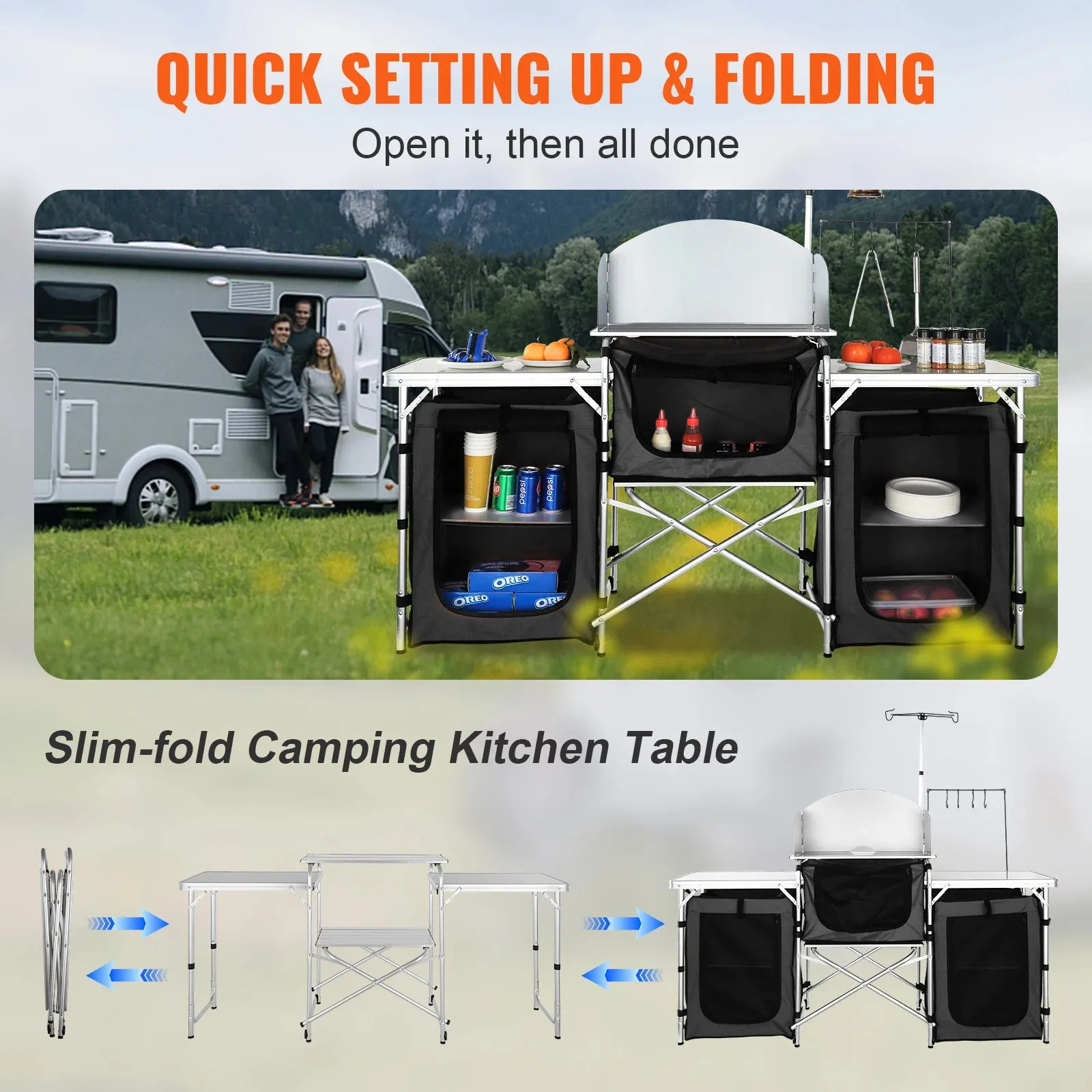 Foldable Camping Outdoor Kitchen Table – Portable Cooking Station with Storage Cabinet & Windscreen