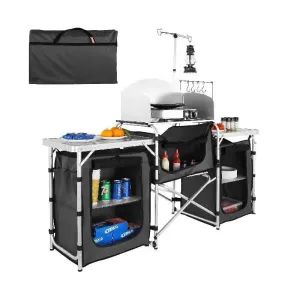 Foldable Camping Outdoor Kitchen Table – Portable Cooking Station with Storage Cabinet & Windscreen