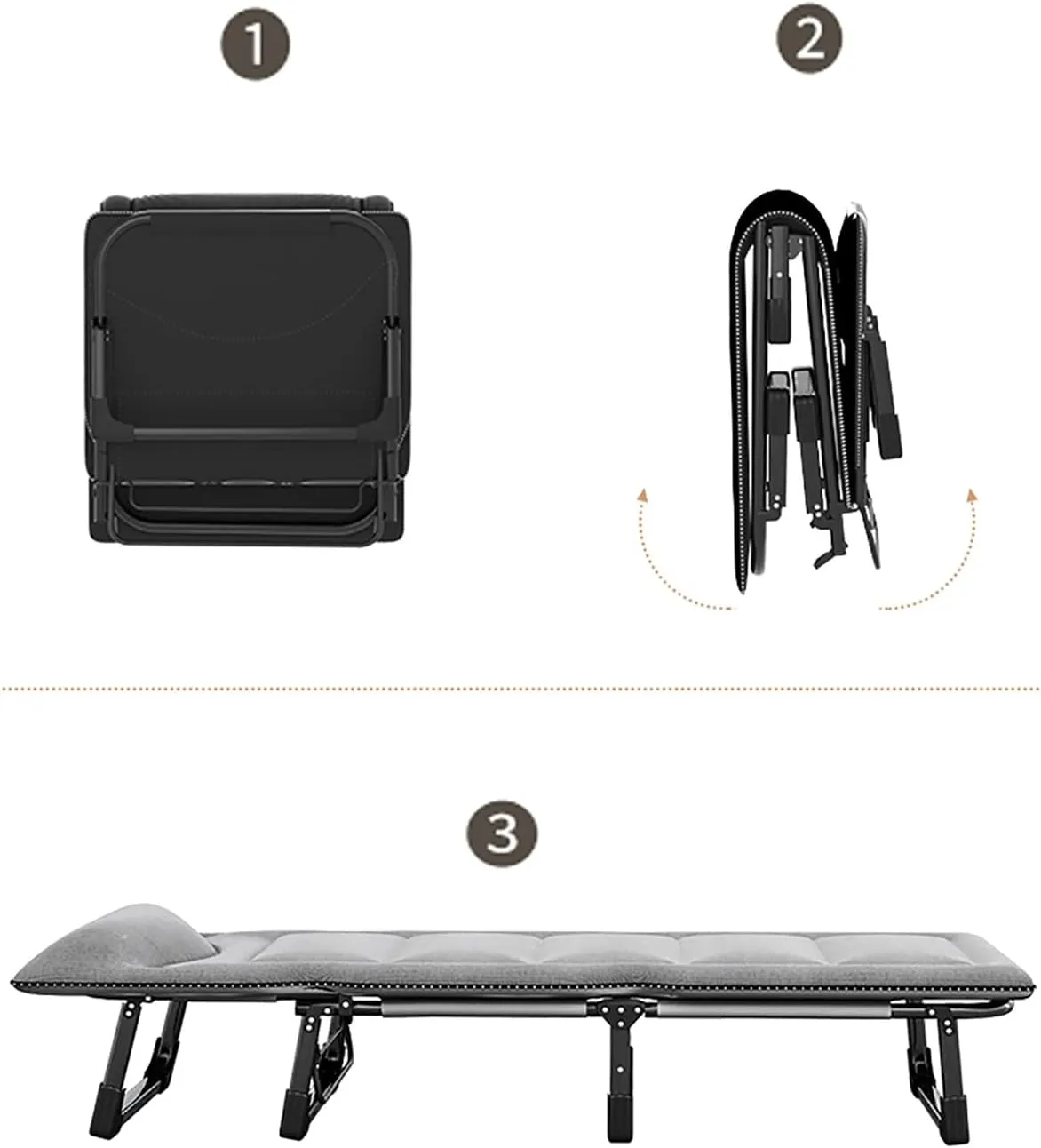 Folding Bed Foldable Bed, Camp Beds for Adults with Cushion and Pillow, Outdoor Portable Folding Lounge Chair Sleeping Cots Bed with 4 Gears Adjustable, Portable Sleeping Cot for Beach Travel(Black,19