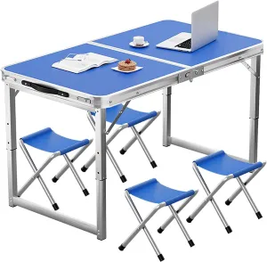 Folding Camping Table and Chairs, Camp Table Adjustable 3 Heights with Aluminum Legs, Camping Accessories for Home Picnic BBQ (Color : Blue 4 Chairs, Size : 100cm/39.3in)