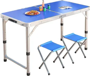 Folding Camping Table, Camp Table Adjustable Height, 47''L X23''W Portable Aluminum Dining Table for Picnic Camping (3 Heights) (Color : Blue, Size : Table 2 Chairs)