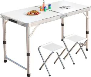 Folding Camping Table, Camp Table Adjustable Height, 47''L X23''W Portable Aluminum Dining Table for Picnic Camping (3 Heights) (Color : White, Size : Table 2 Chairs)