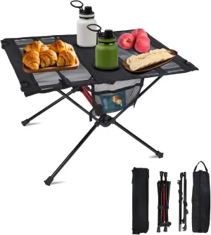 Folding Camping Table - Lightweight Aluminum Alloy Frame Portable Beach Table with 2 Cup Holders, 2 Side Pockets & Carry Bag – Ideal for Outdoor Cooking, Picnic, Camping, Garden, and Travel