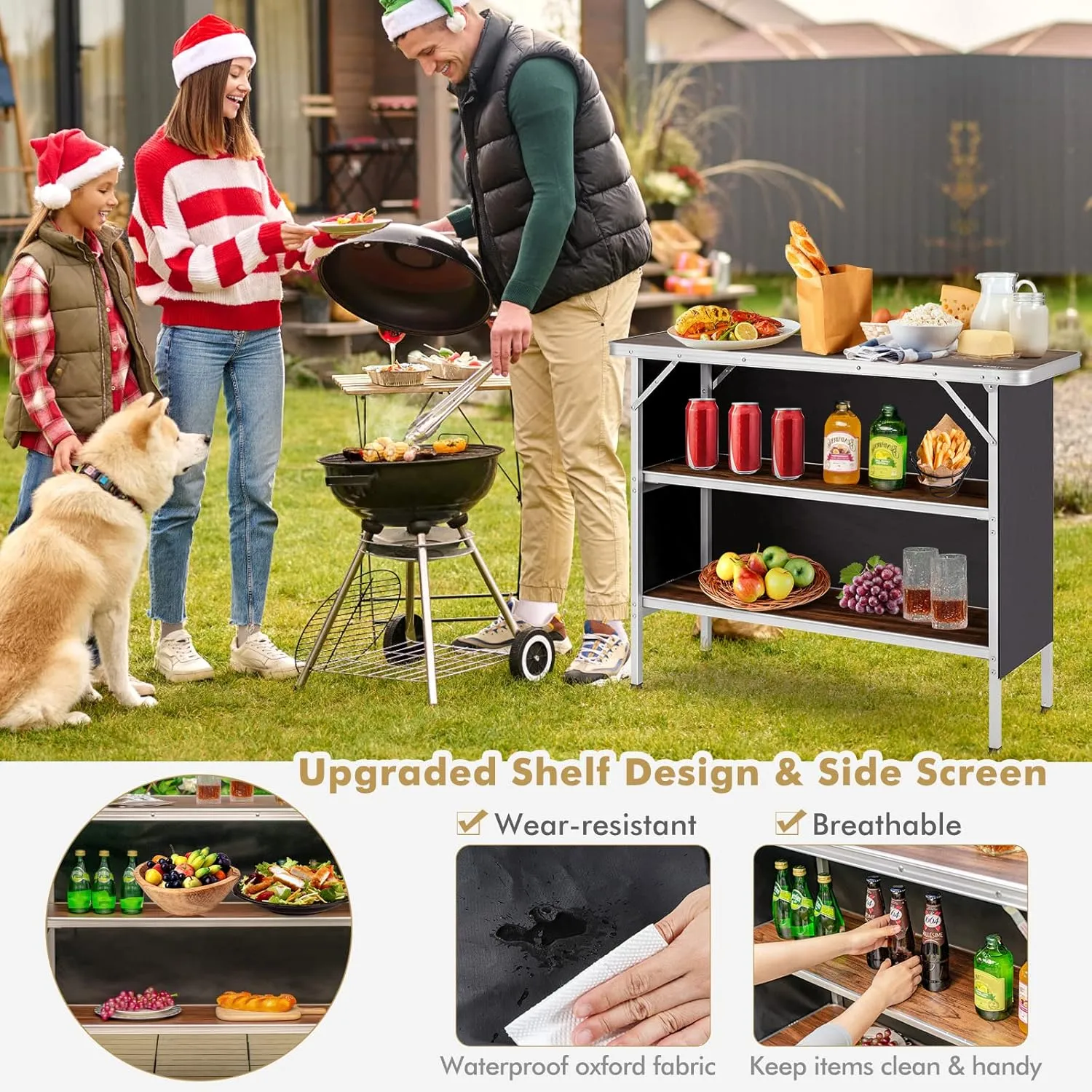 Folding Camping Table with Storage, Portable Aluminum Picnic Table with 2-Tier Shelves & Black Skirt, Outdoor Food Prep Station for Backyard Party, BBQ, Catering, Outdoor Events