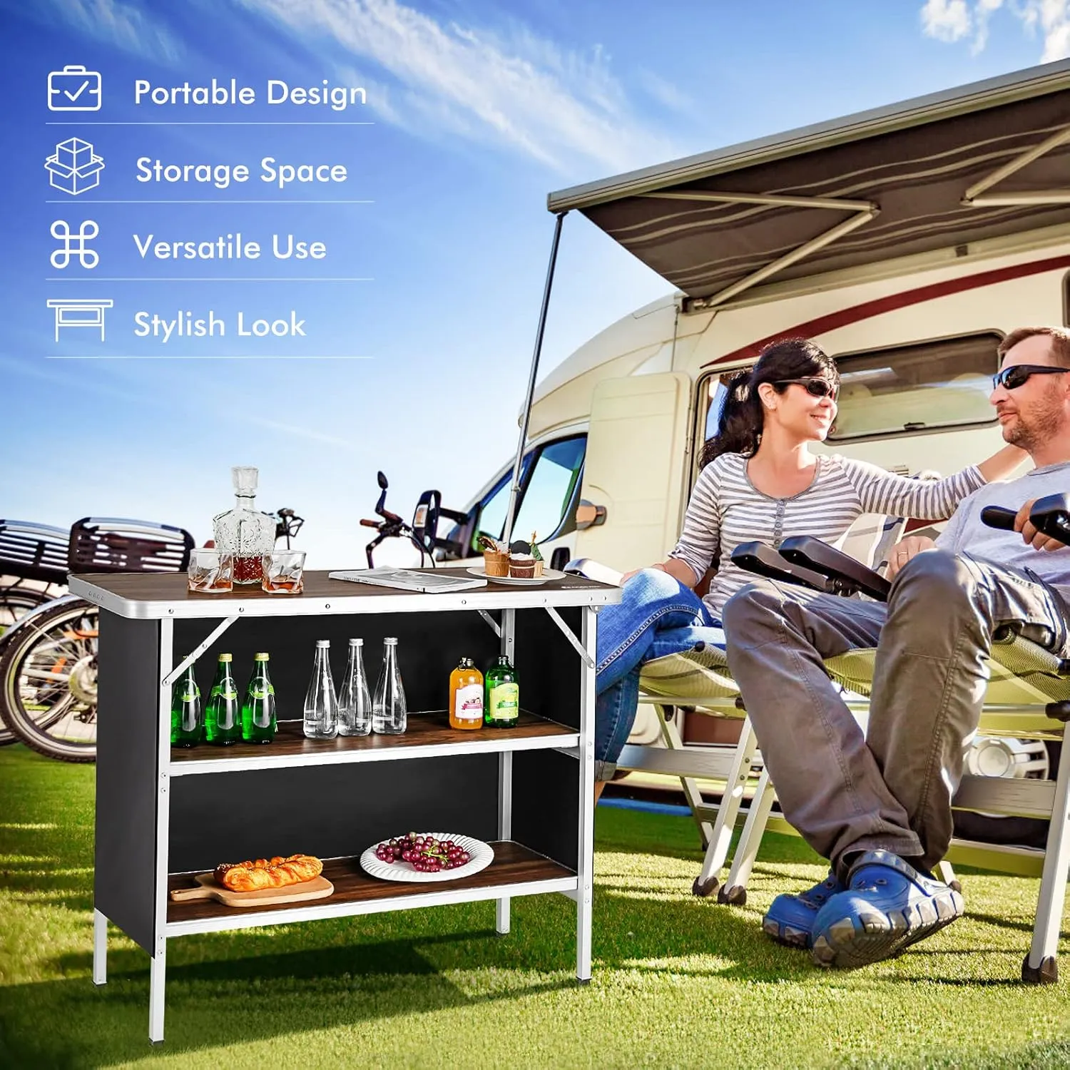 Folding Camping Table with Storage, Portable Aluminum Picnic Table with 2-Tier Shelves & Black Skirt, Outdoor Food Prep Station for Backyard Party, BBQ, Catering, Outdoor Events