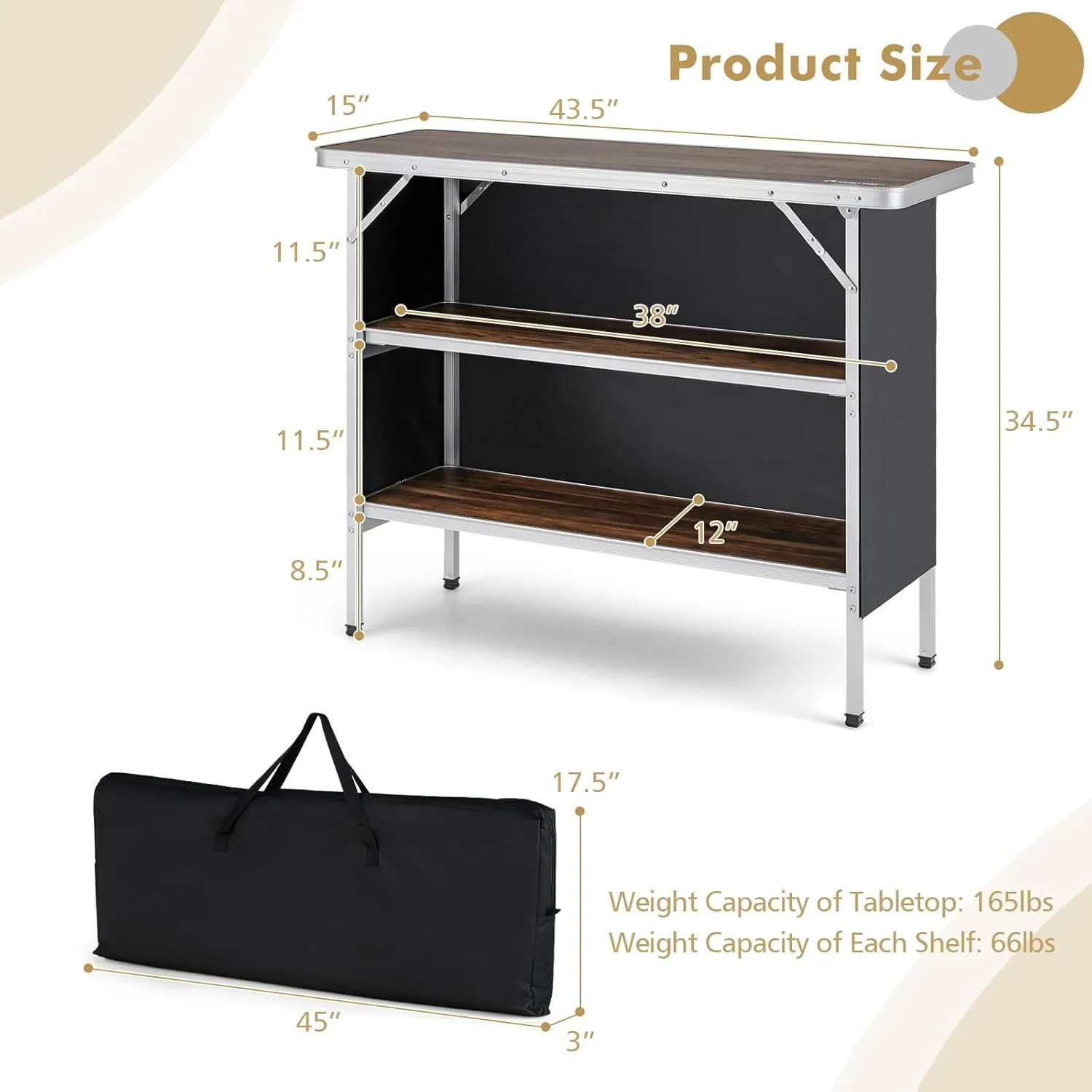 Folding Camping Table with Storage, Portable Aluminum Picnic Table with 2-Tier Shelves & Black Skirt, Outdoor Food Prep Station for Backyard Party, BBQ, Catering, Outdoor Events