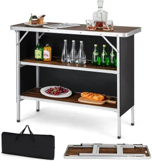 Folding Camping Table with Storage, Portable Aluminum Picnic Table with 2-Tier Shelves & Black Skirt, Outdoor Food Prep Station for Backyard Party, BBQ, Catering, Outdoor Events