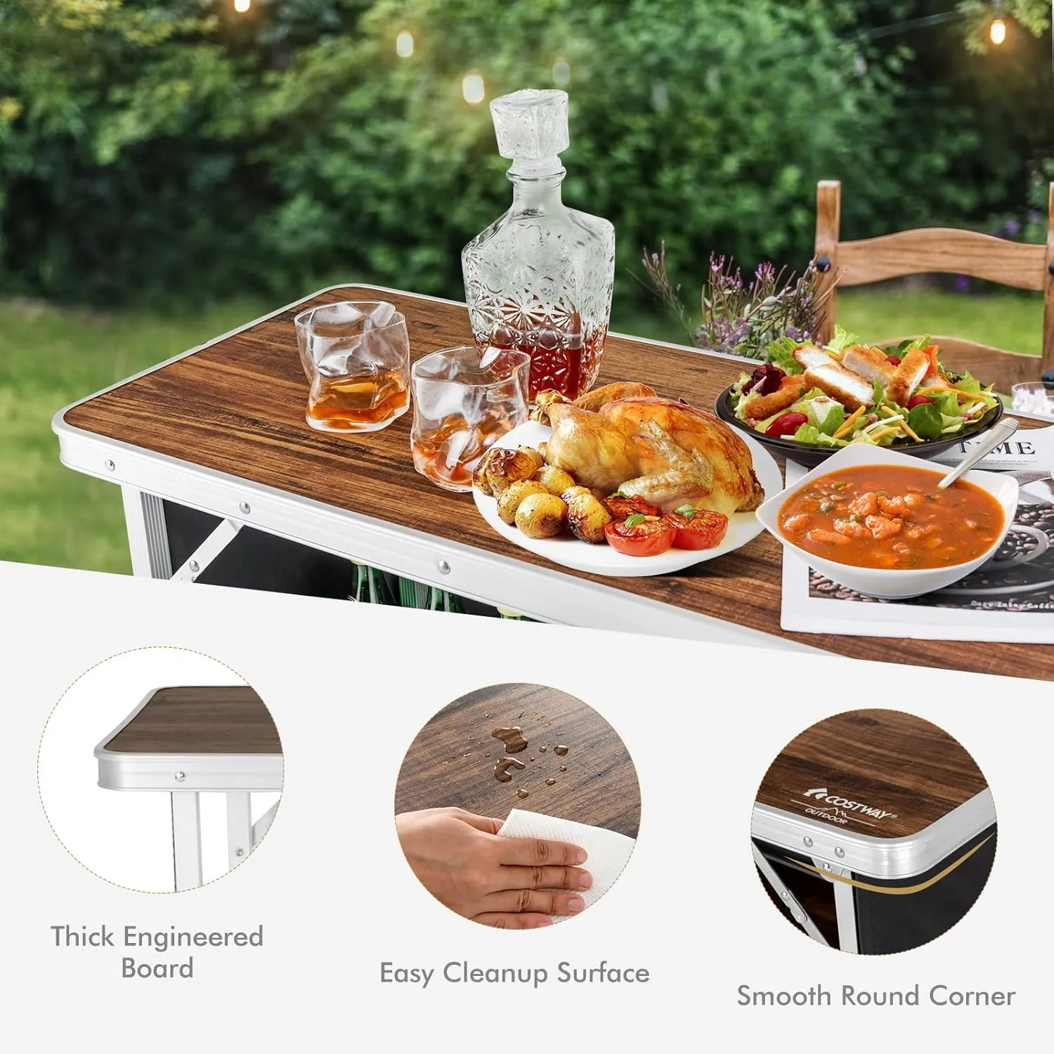 Folding Camping Table with Storage, Portable Aluminum Picnic Table with 2-Tier Shelves & Black Skirt, Outdoor Food Prep Station for Backyard Party, BBQ, Catering, Outdoor Events