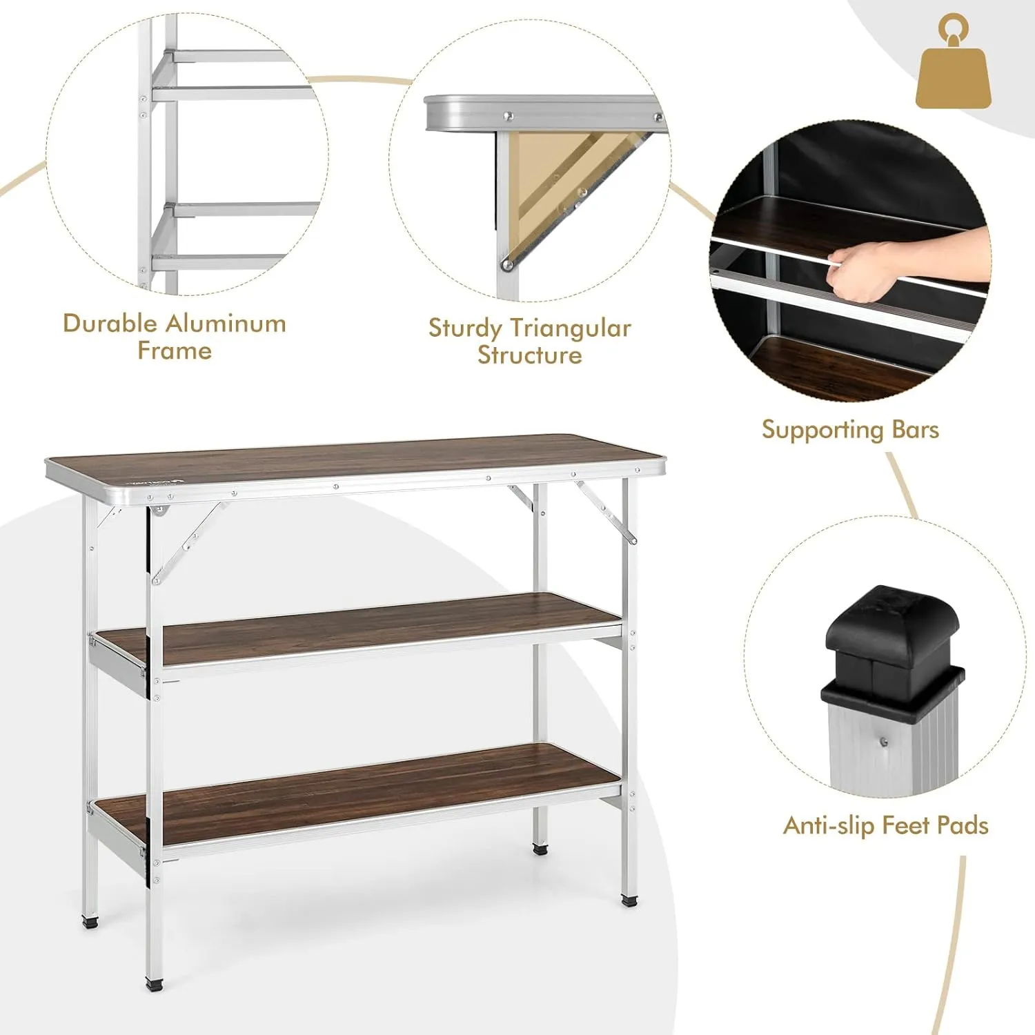Folding Camping Table with Storage, Portable Aluminum Picnic Table with 2-Tier Shelves & Black Skirt, Outdoor Food Prep Station for Backyard Party, BBQ, Catering, Outdoor Events
