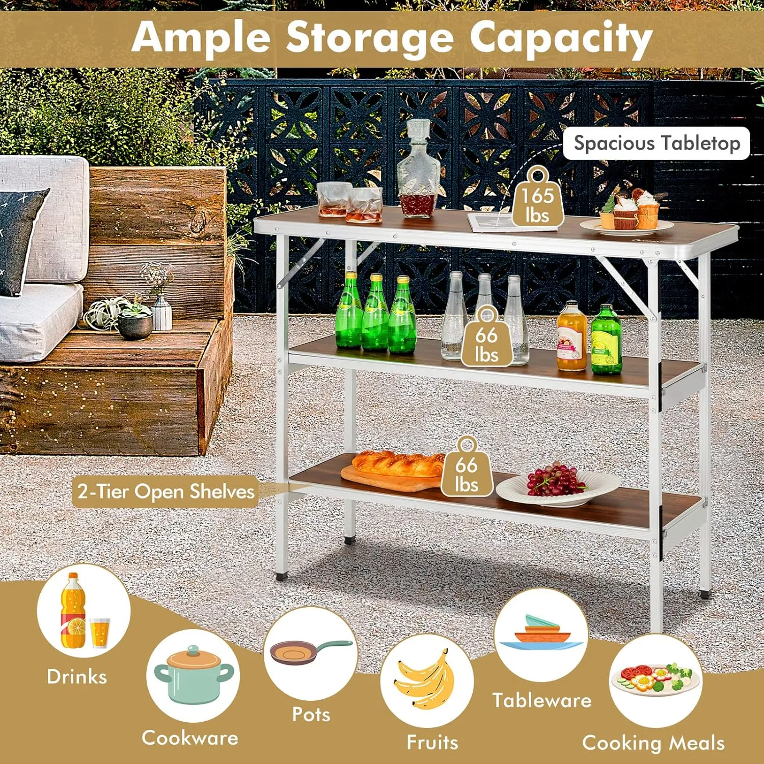 Folding Camping Table with Storage, Portable Aluminum Picnic Table with 2-Tier Shelves & Black Skirt, Outdoor Food Prep Station for Backyard Party, BBQ, Catering, Outdoor Events