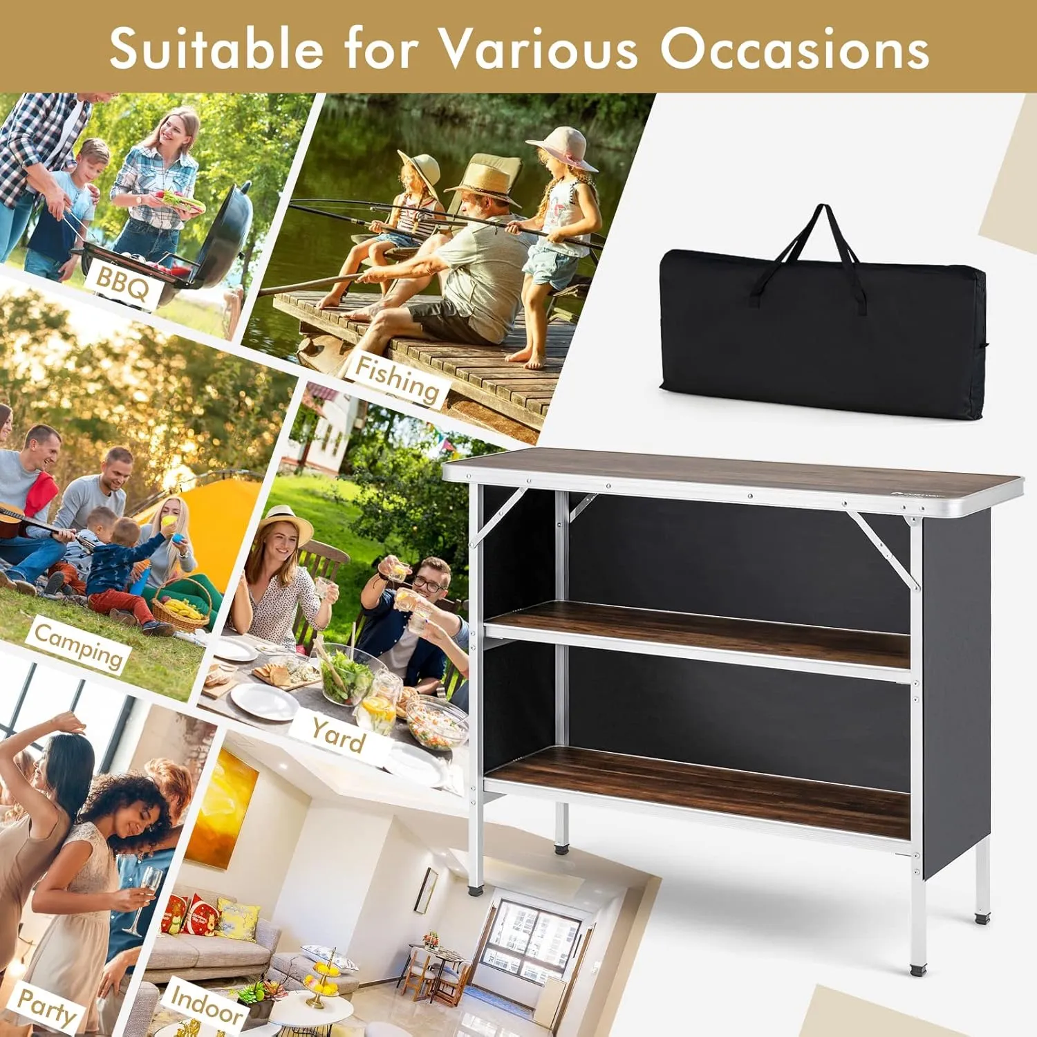 Folding Camping Table with Storage, Portable Aluminum Picnic Table with 2-Tier Shelves & Black Skirt, Outdoor Food Prep Station for Backyard Party, BBQ, Catering, Outdoor Events