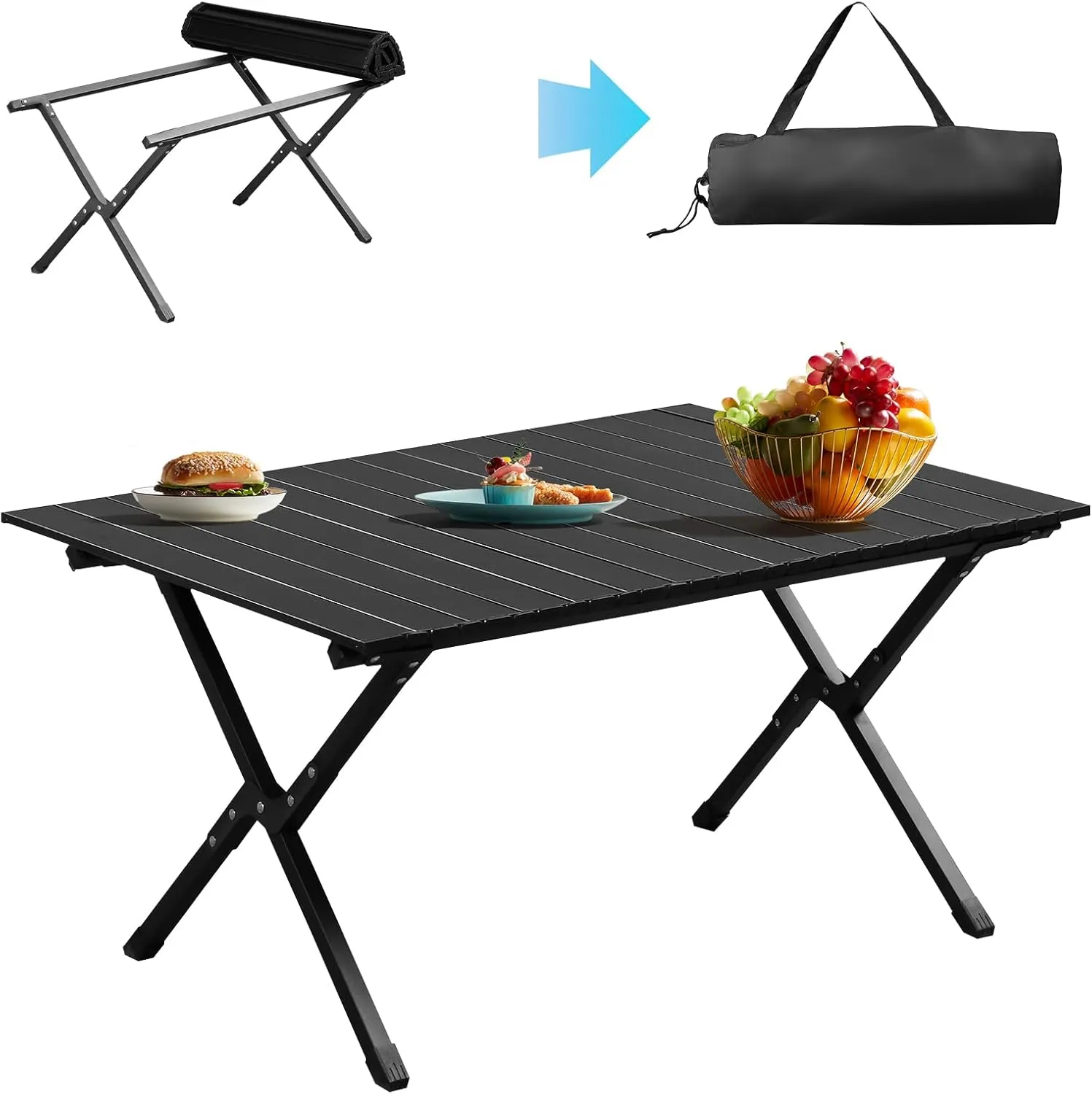 Folding Camping Tables Portable Picnic Table Ultralight Collapsible Roll up Side Tables Outdoor Beach Table with Easy Carrying Bag for Travel Hiking Backyard BBQ Party Events, 34x24 in, Black