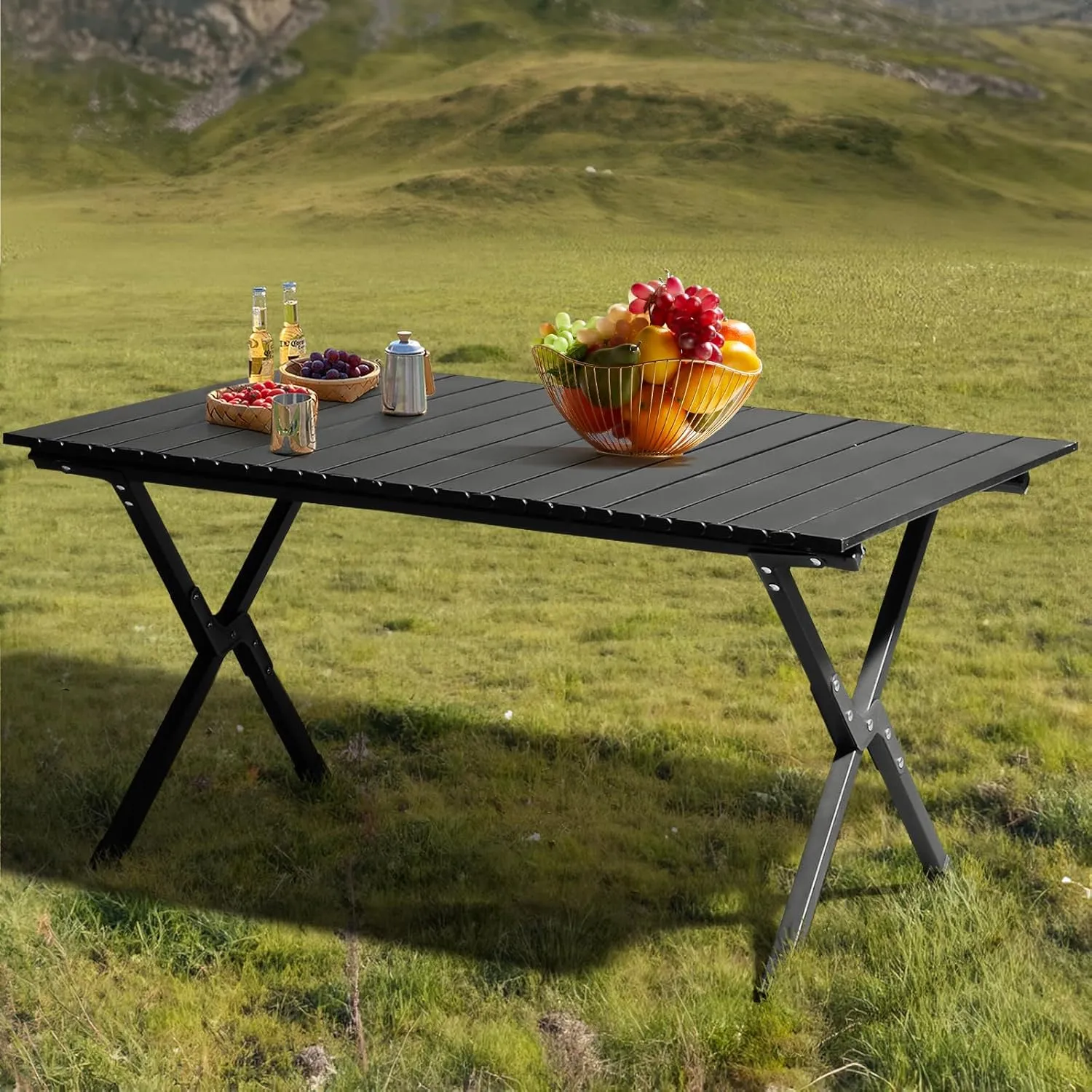 Folding Camping Tables Portable Picnic Table Ultralight Collapsible Roll up Side Tables Outdoor Beach Table with Easy Carrying Bag for Travel Hiking Backyard BBQ Party Events, 34x24 in, Black