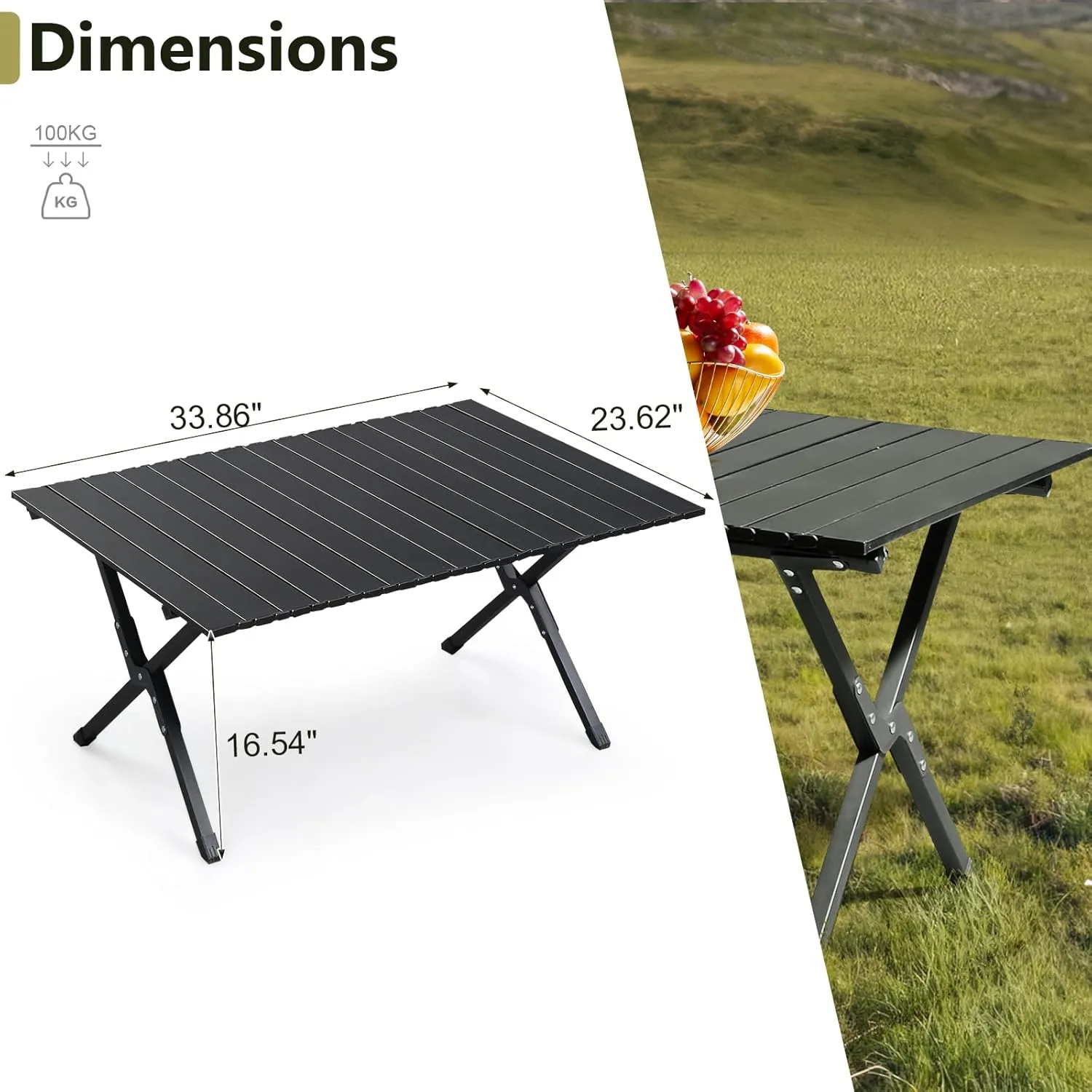 Folding Camping Tables Portable Picnic Table Ultralight Collapsible Roll up Side Tables Outdoor Beach Table with Easy Carrying Bag for Travel Hiking Backyard BBQ Party Events, 34x24 in, Black
