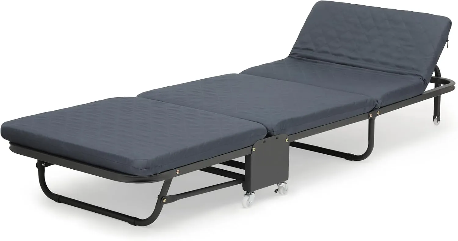 Folding Cot Rollaway Office Sleeping Bed Adjustable Backrest Recliner w/Mattress (Dark Grey)