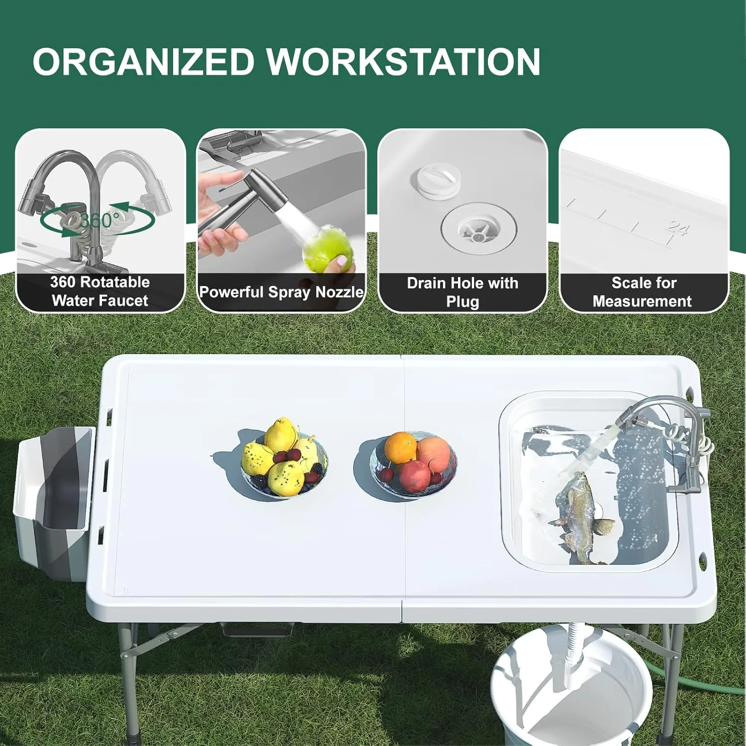 Folding Fish Cleaning Table with Sink, 50"x27" Bi-Folding Portable Camping Sink Station with Drain Hose, Trash Can, Gloves and Cleaning Kits, Foldable Outdoor Sink for Camping, Fishing, BBQ