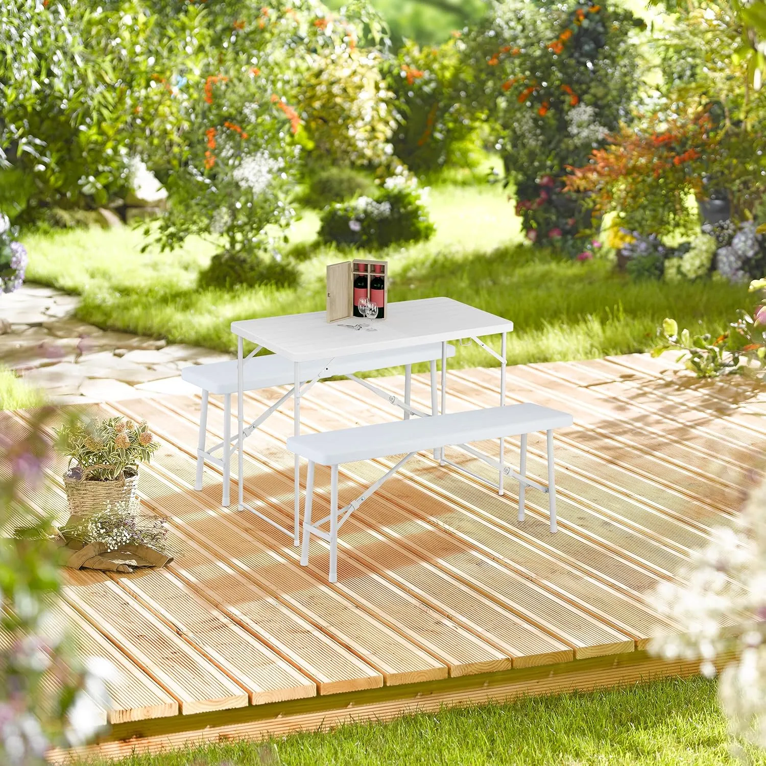 Folding Garden Table, Height 74 x 120 x 60 cm, Plastic, Steel, Height Adjustable, 6 People, Camping Table, Black