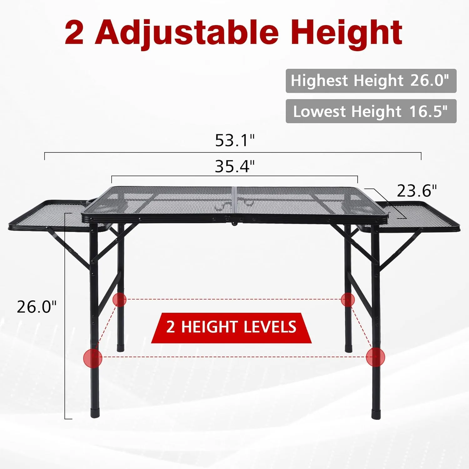 Folding Grill Table, 3x2 FT Portable Camping Table with 2 Wing Panels, Height Adjustable Metal Tables with Mesh Desktop and Mesh Bag, Outdoor Furniture for Camping, Picnic, Beach and BBQ, Black