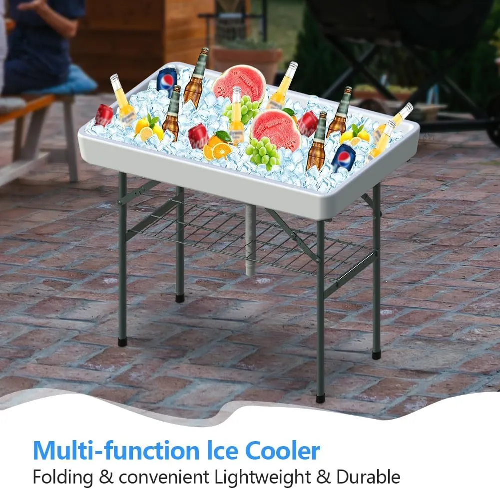 Folding Ice Table, Cooling Food and Drinks, Portable Camping Party Self-Service Ice Tables with Drain, Outdoor Chill Table for Picnic, Party, Wedding, BBQ, Beach
