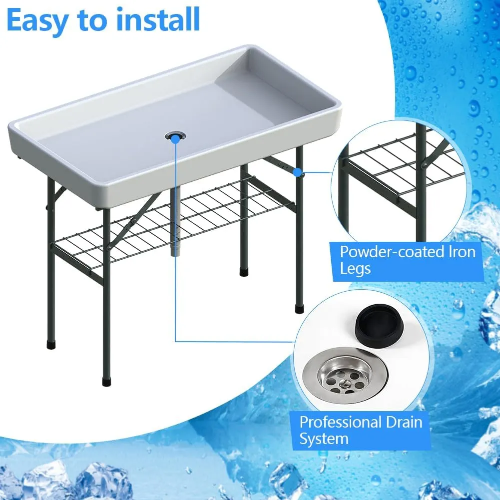 Folding Ice Table, Cooling Food and Drinks, Portable Camping Party Self-Service Ice Tables with Drain, Outdoor Chill Table for Picnic, Party, Wedding, BBQ, Beach