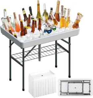 Folding Ice Table, Cooling Food and Drinks, Portable Camping Party Self-Service Ice Tables with Drain, Outdoor Chill Table for Picnic, Party, Wedding, BBQ, Beach
