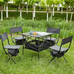 Folding Outdoor Camping Table and Chairs Set of 5, Compact Roll-up Table-top, 280lbs Steel Pipe Chair, for Outdoor Camping, Picnics, Beach, Backyard, BBQ, Party, Patio Black As Shown