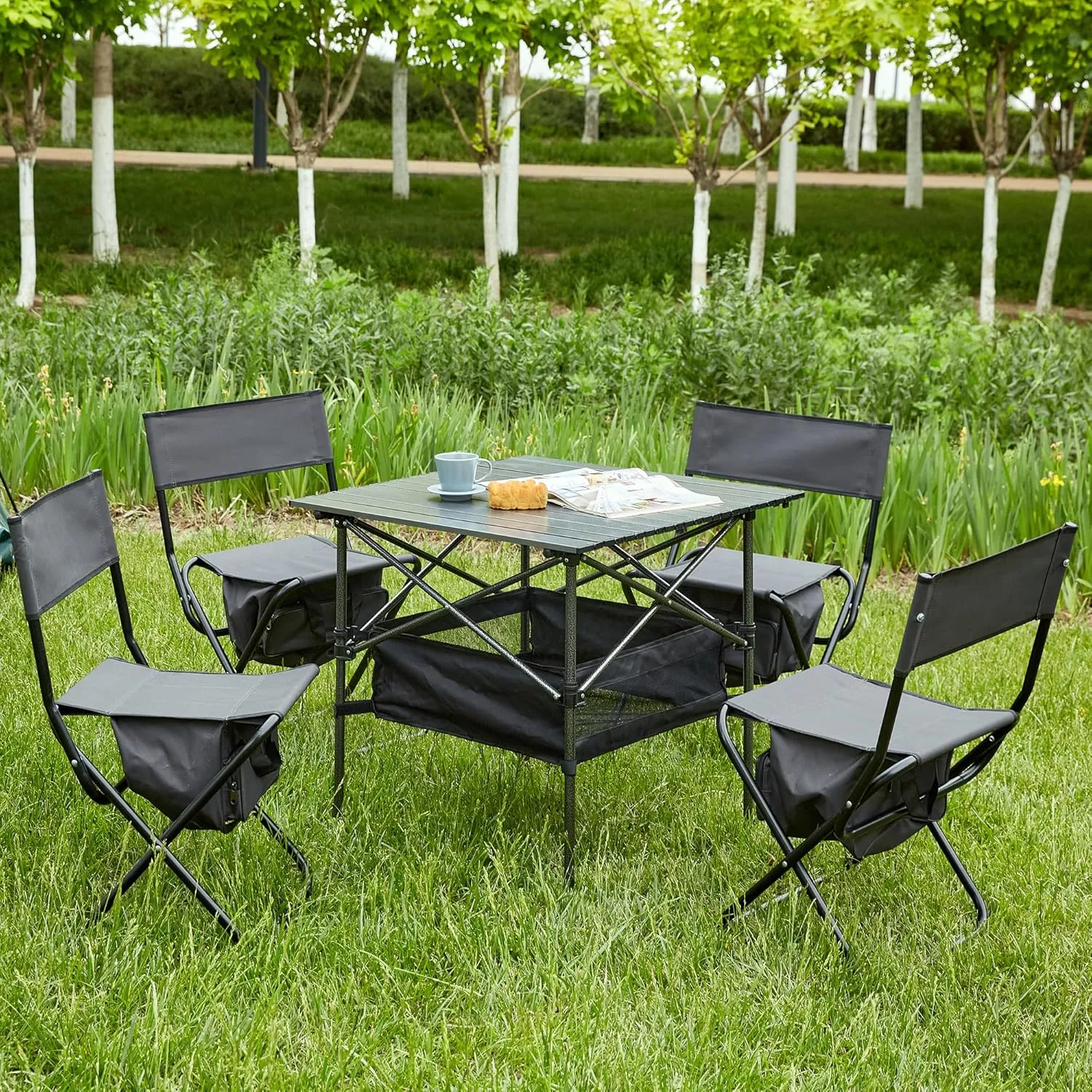 Folding Outdoor Camping Table and Chairs Set of 5, Compact Roll-up Table-top, 280lbs Steel Pipe Chair, for Outdoor Camping, Picnics, Beach, Backyard, BBQ, Party, Patio Black As Shown