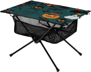 Folding Table Camping Halloween Pumpkin Lantern Skull Head Cat Sturdy Beach Vacation Supplies with Storage Bag for Outdoor Beach Grill BBQ Travel