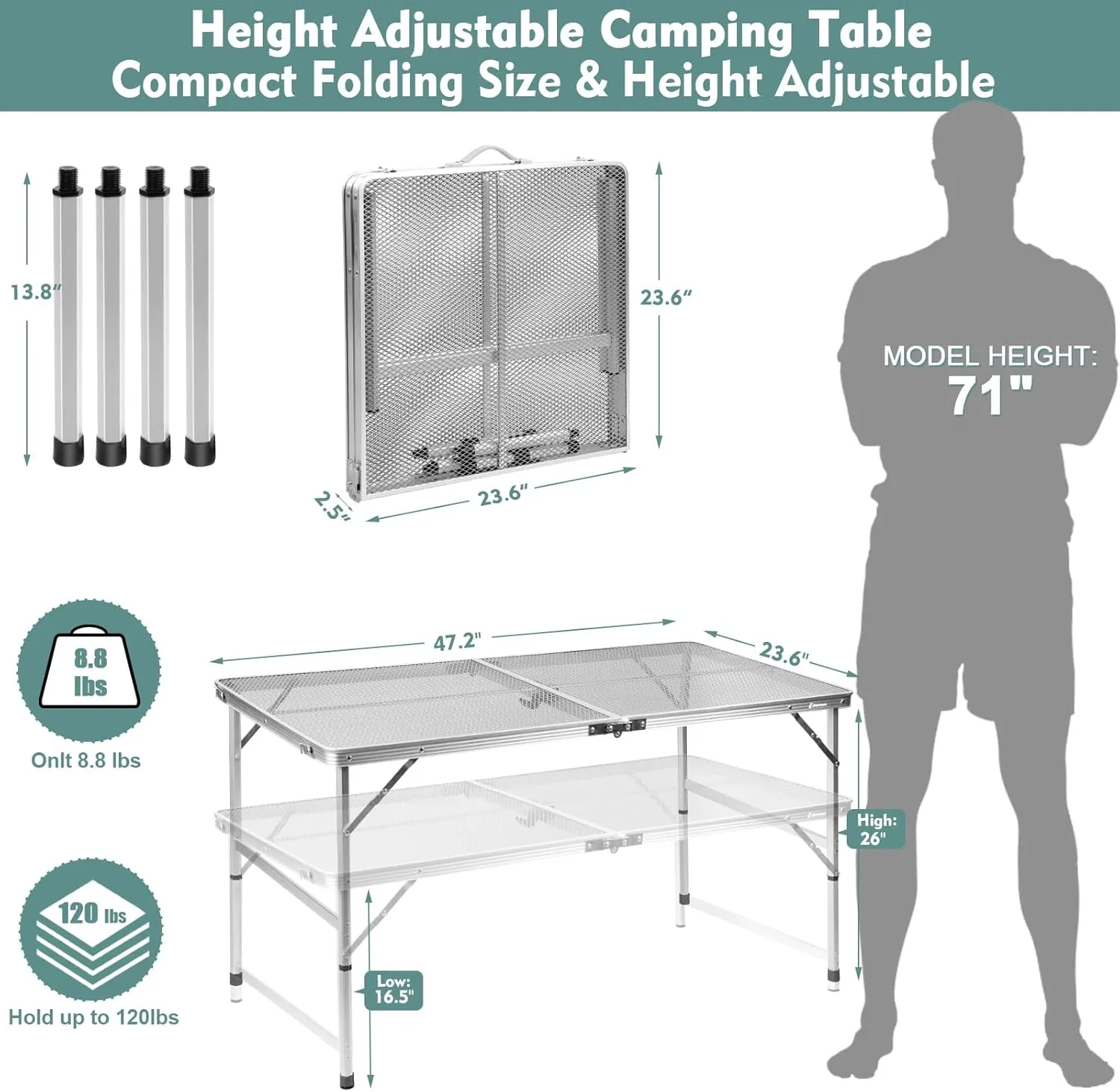 Folding Table, Easy for Storage, Compact and Portable Picnic Table for Grill, Outdoor Camping, Garden, Patio, Dining, BBQ, Party, Market, 4Ft (Large, Silver)