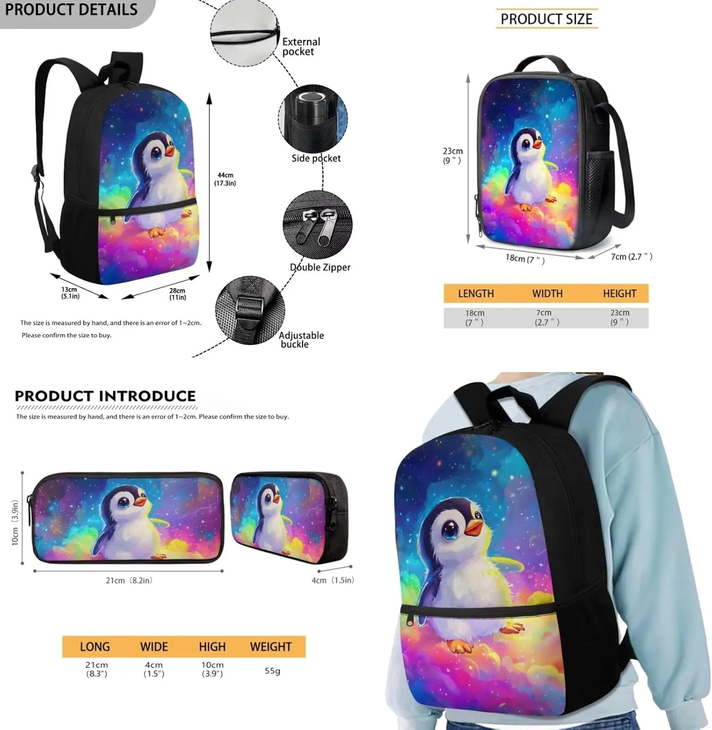 FOR U DESIGNS Penguin Backpack for School Large Capacity Kids Bookbag and Lunch Box Set Girls Lightweight 3 Pcs Elementary School Bag 6th Grade Book Bags for Kids