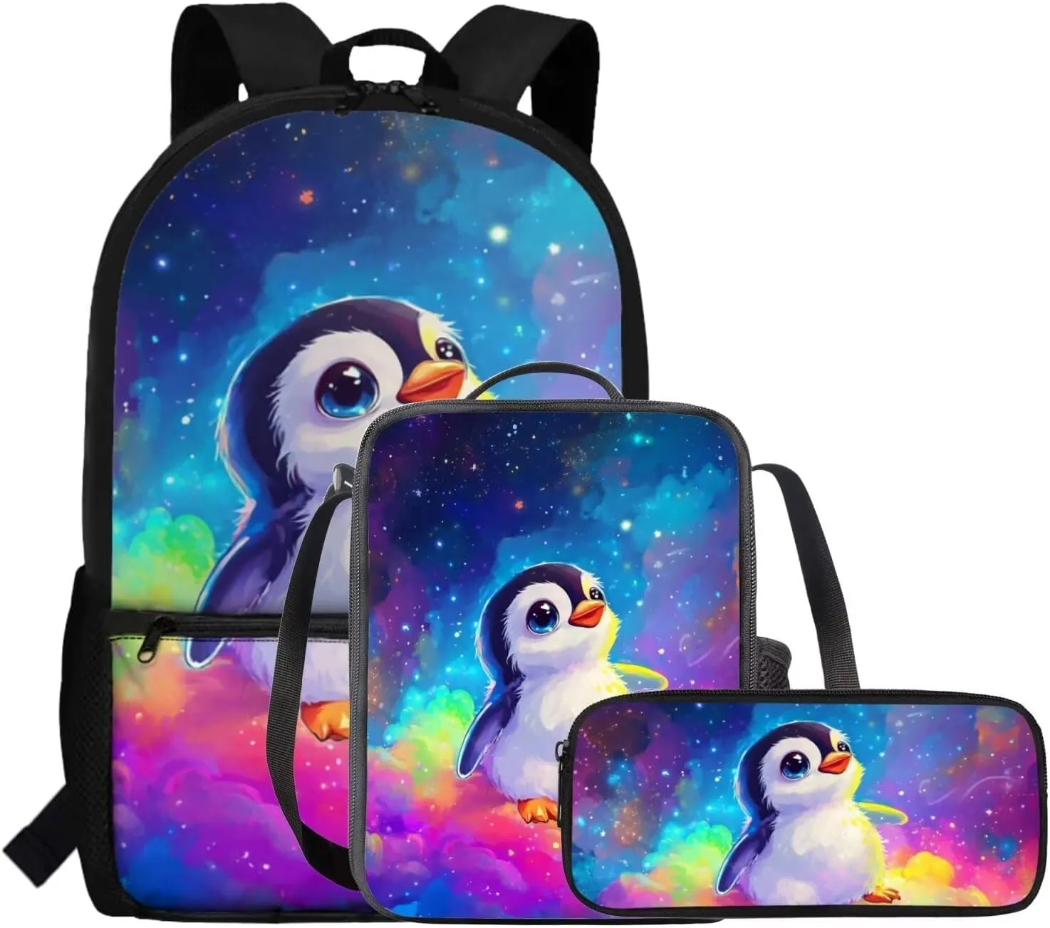 FOR U DESIGNS Penguin Backpack for School Large Capacity Kids Bookbag and Lunch Box Set Girls Lightweight 3 Pcs Elementary School Bag 6th Grade Book Bags for Kids