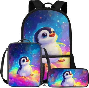 FOR U DESIGNS Penguin Backpack for School Large Capacity Kids Bookbag and Lunch Box Set Girls Lightweight 3 Pcs Elementary School Bag 6th Grade Book Bags for Kids