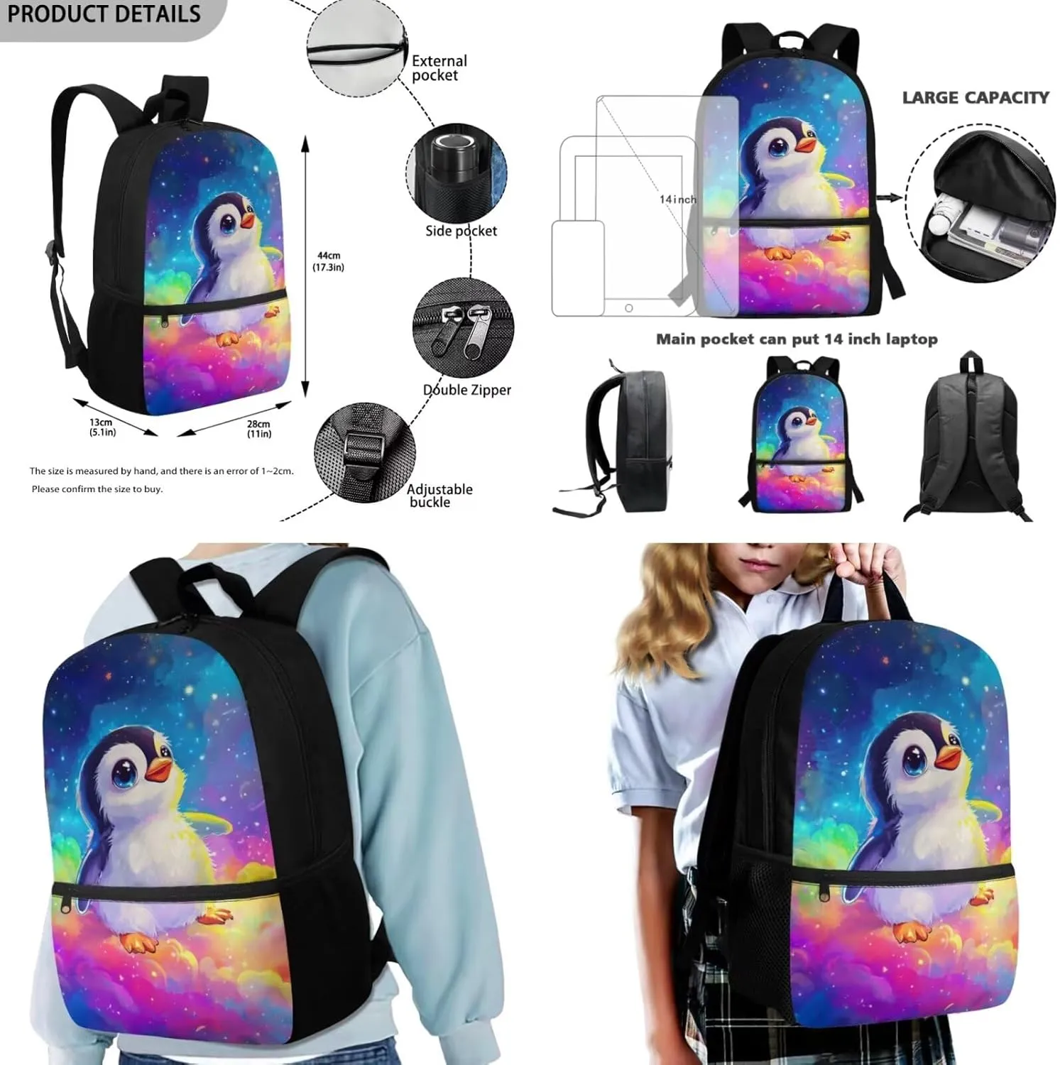 FOR U DESIGNS Penguin Backpack for School Large Capacity Kids Bookbag and Lunch Box Set Girls Lightweight 3 Pcs Elementary School Bag 6th Grade Book Bags for Kids