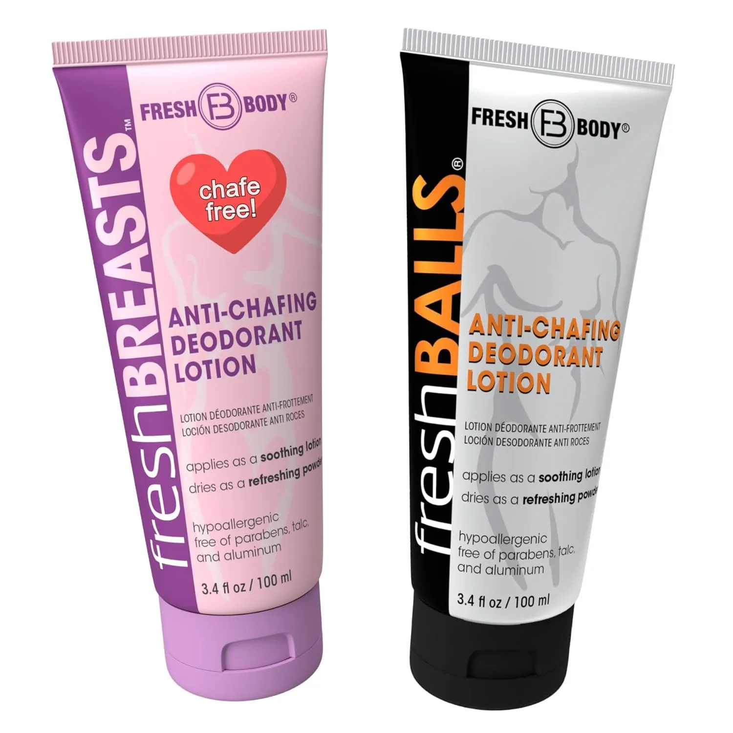 Fresh Breasts   Fresh Balls: Anti-Chafing Cream, Deodorant Lotion to Powder for Men & Women, Anti-Friction for Thighs, Legs, Groin, Breasts, Belly, Butt - Talc Free, Aluminum Free - 3.4 fl oz