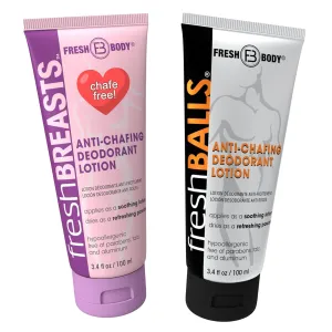 Fresh Breasts   Fresh Balls: Anti-Chafing Cream, Deodorant Lotion to Powder for Men & Women, Anti-Friction for Thighs, Legs, Groin, Breasts, Belly, Butt - Talc Free, Aluminum Free - 3.4 fl oz