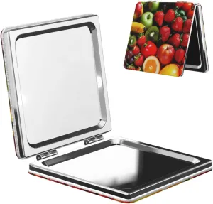 Fresh Fruits and Vegetables Printed Square Pocket Makeup Mirror with 1X/2X Magnification, Portable Mini Travel Makeup Mirror for Travel Daily Work Beauty