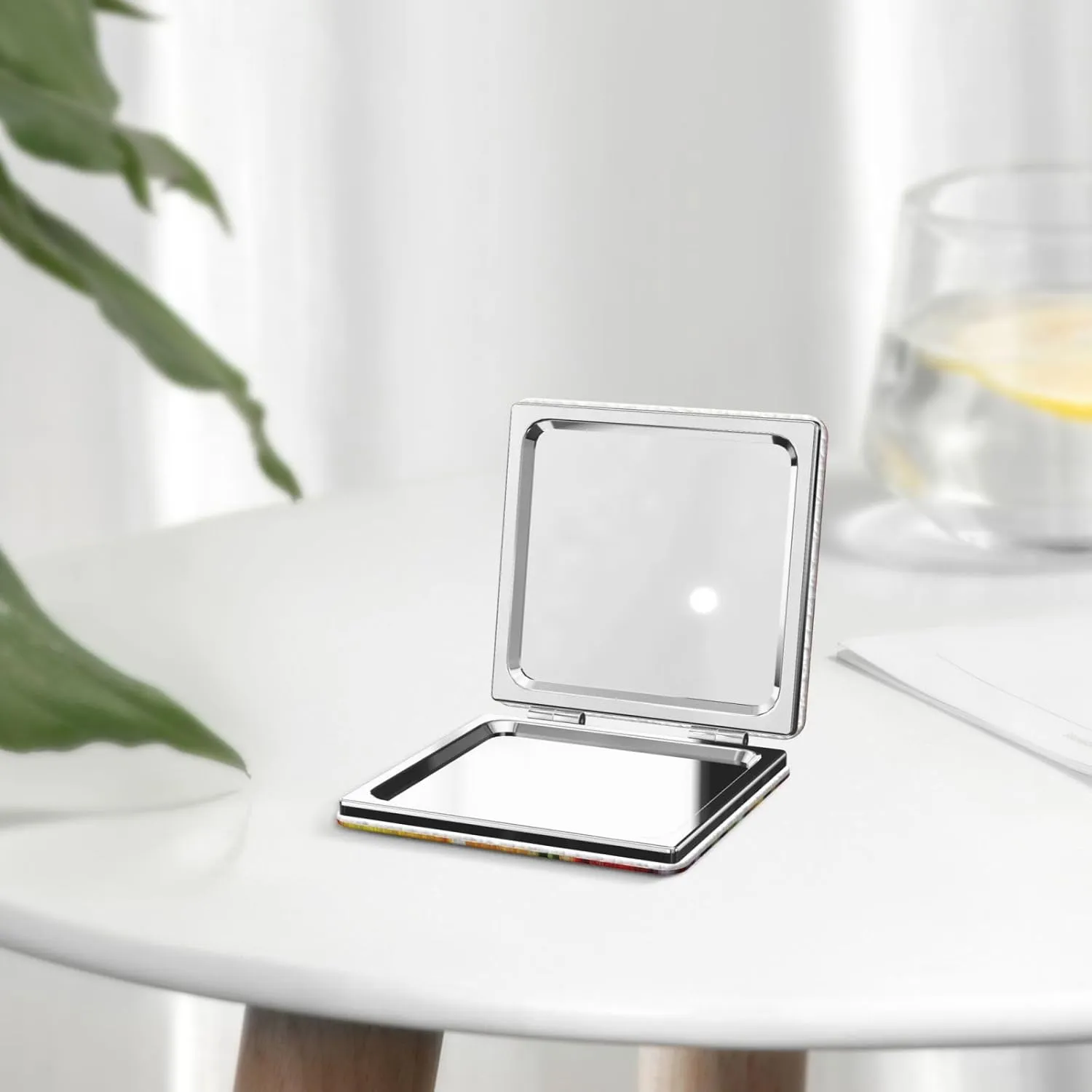 Fresh Fruits and Vegetables Printed Square Pocket Makeup Mirror with 1X/2X Magnification, Portable Mini Travel Makeup Mirror for Travel Daily Work Beauty