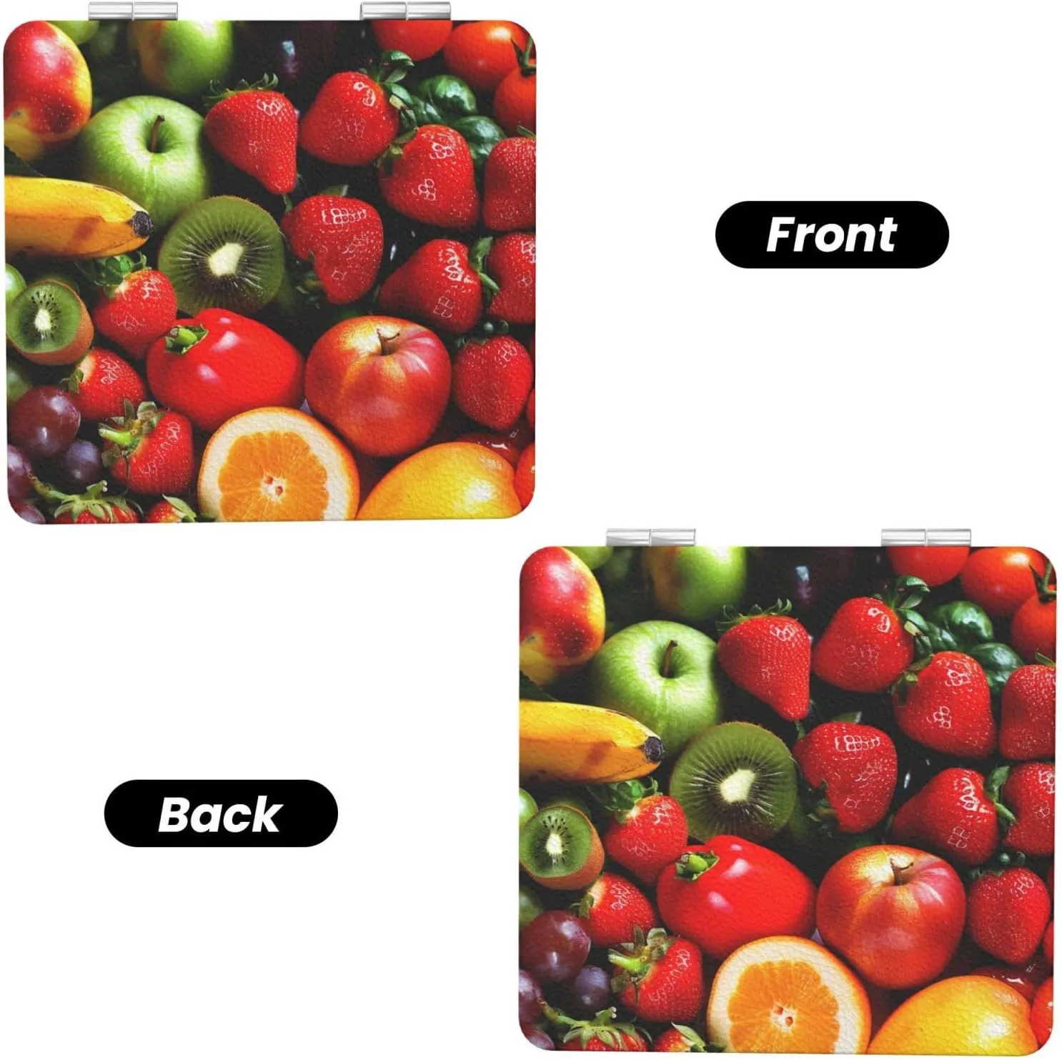 Fresh Fruits and Vegetables Printed Square Pocket Makeup Mirror with 1X/2X Magnification, Portable Mini Travel Makeup Mirror for Travel Daily Work Beauty