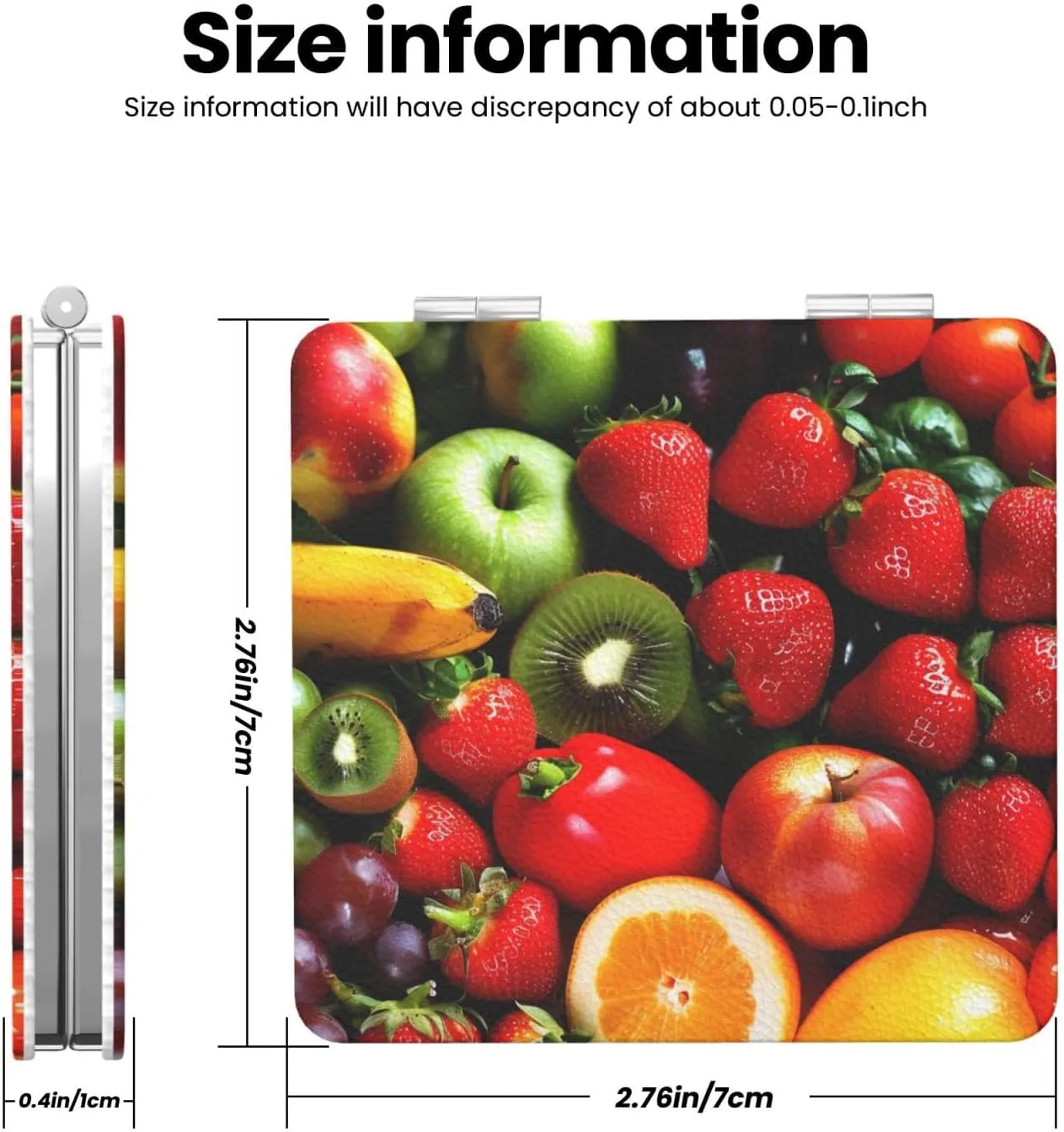 Fresh Fruits and Vegetables Printed Square Pocket Makeup Mirror with 1X/2X Magnification, Portable Mini Travel Makeup Mirror for Travel Daily Work Beauty