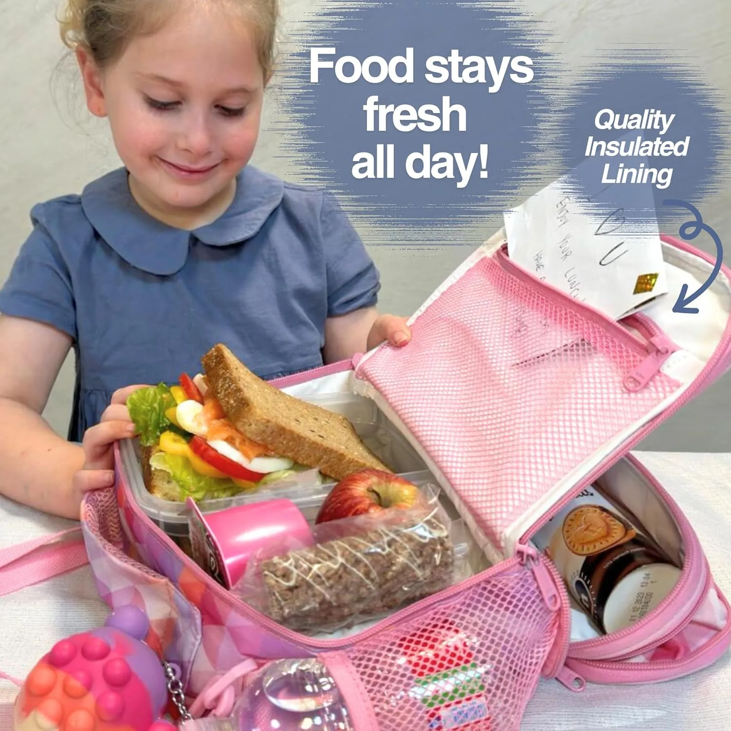 friends on trend Kids Lunch Bag with Expandable Pocket - Insulated Lunchbags for Girls with POP keyring - Lunch Box Kids School Bag BL-02 (Square Pattern)