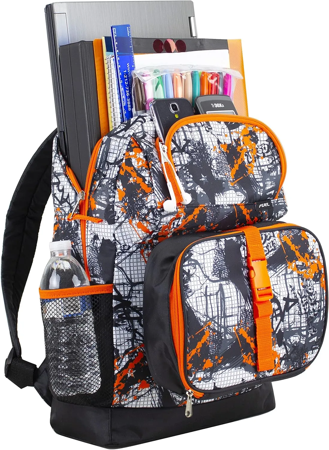FUEL 4-Piece Bundle Colorful Prints Backpack Book Bag Set Detachable Insulated Lunch Box, Pencil Case, Accessory Pouch